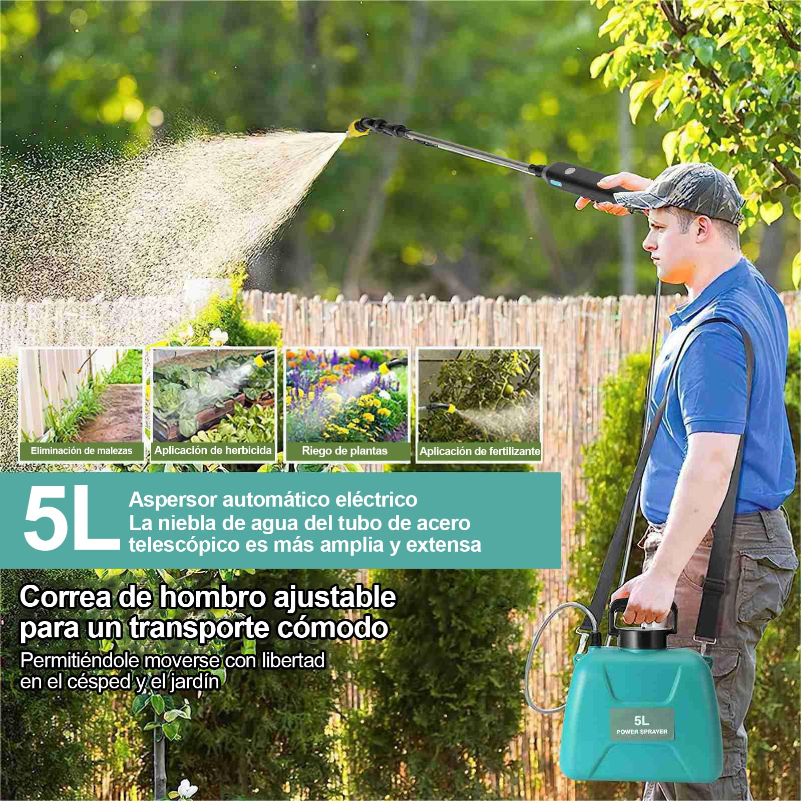 Pulverizador Electrico 5L,Sulfatadora Bateria,5 Modos de Rociado y Correa Ajustable,60 cm Varilla Pulverizadora Telescópica,Carga USB‑C,para Deshierbe, Fertilización y Riego