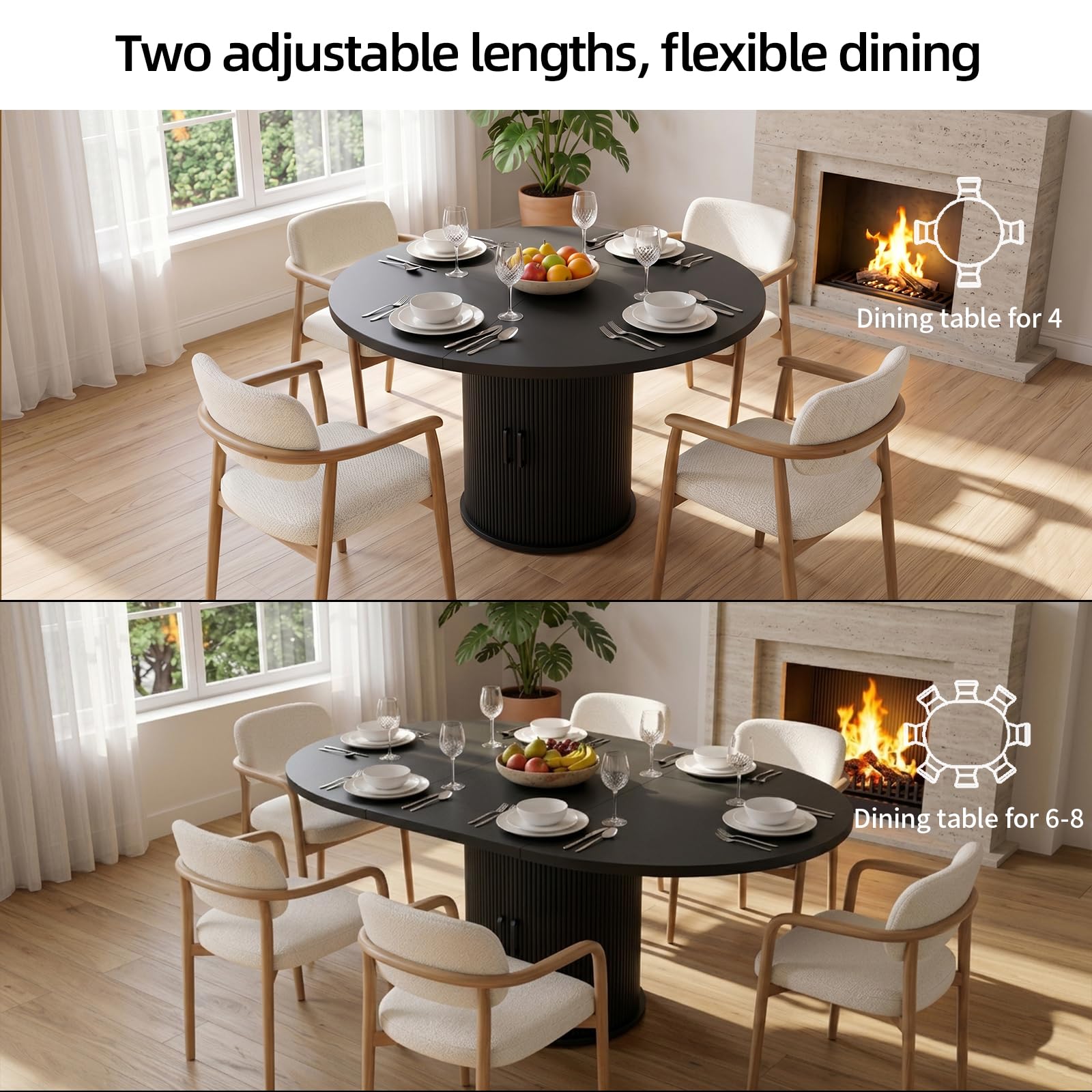Tavolo da pranzo rotondo allungabile nero per 4-8 persone, 118-158 cm: tavolo da cucina salvaspazio con portabottiglie e base a piedistallo, facile da montare