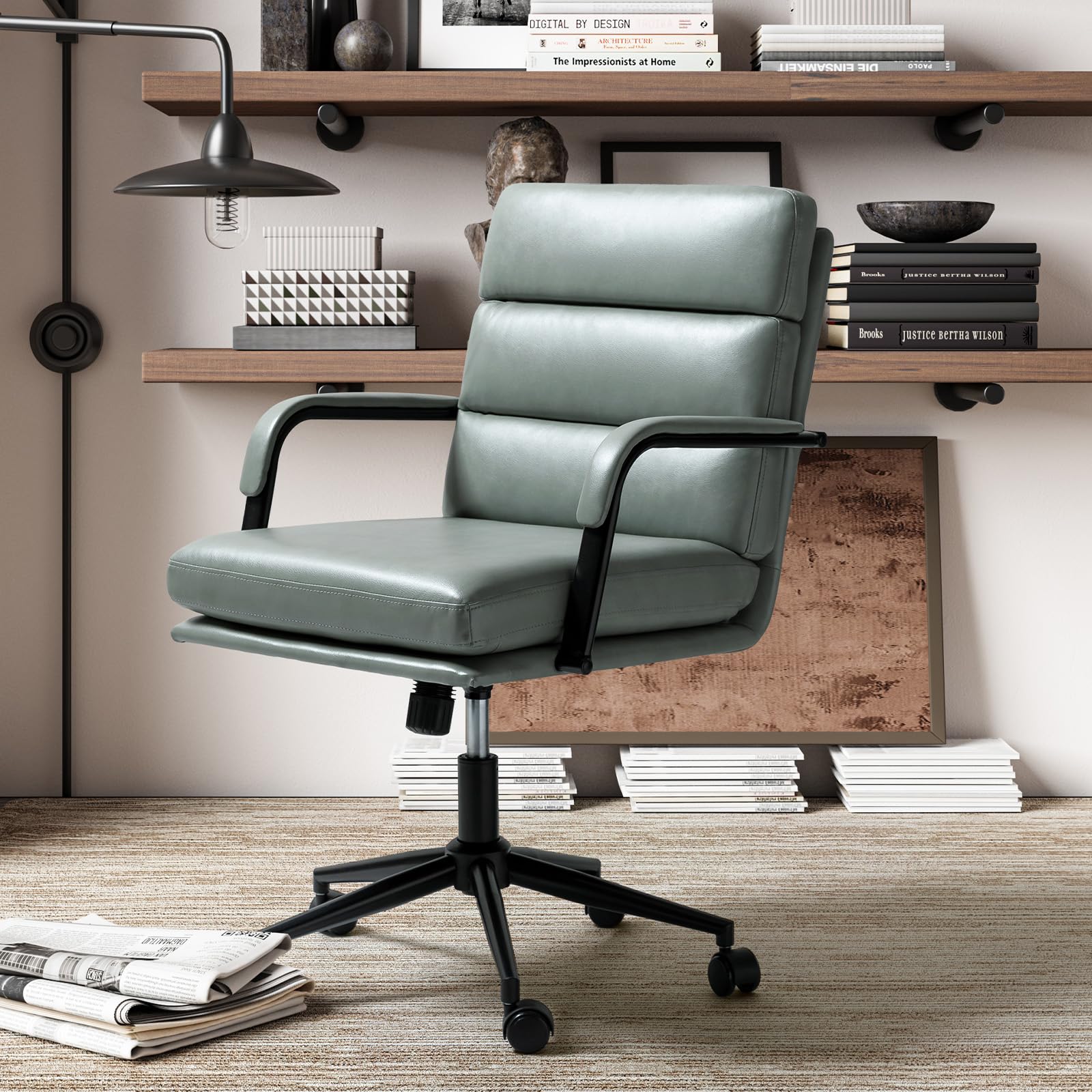 HULALA HOME Modern Faux Leather Home Office Chair with Tilt Lock & Metal Base, Desk Chair with Wheels & Padded Cushion, 360° Swivel Wide Seat Computer