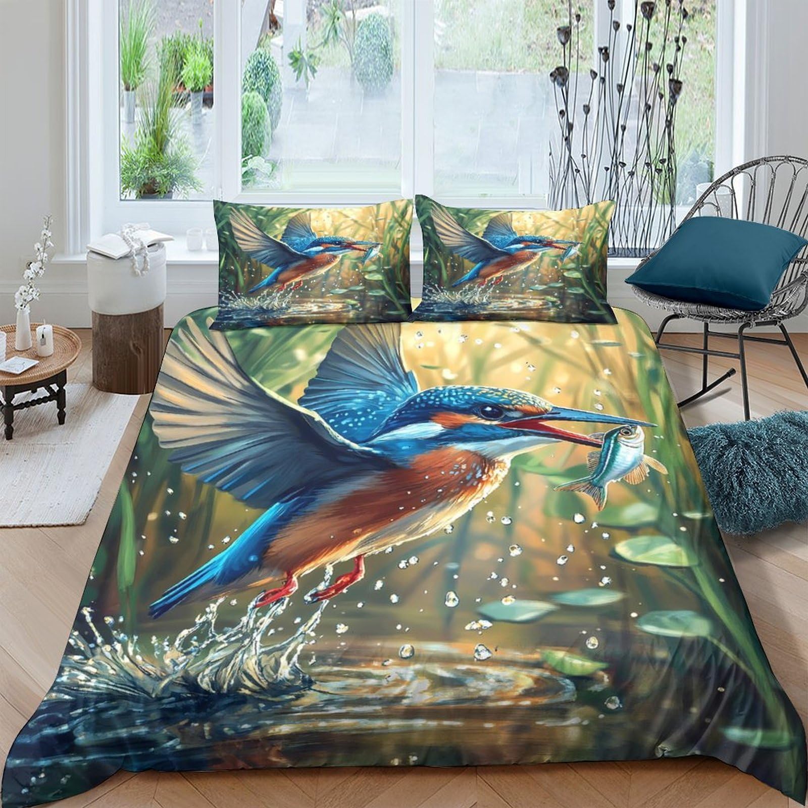 Ctjqhvkz Style-9 3D Printed Kingfisher Flying Fitted Sheet Microfiber Soft Blue Green Forest Art Mattress Cover Bedroom Decor Single（135X200cm）