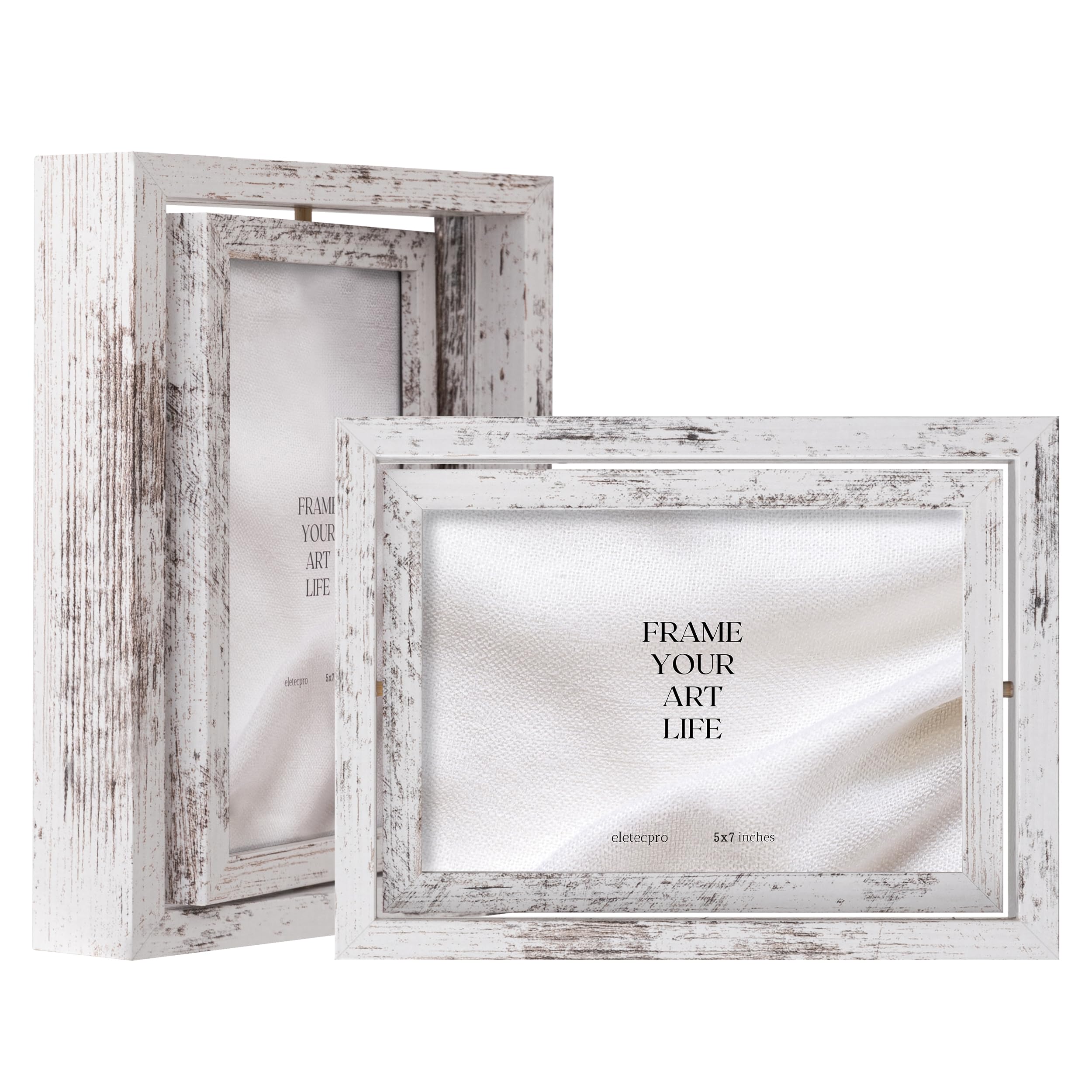 eletecpro 2 Pack 5x7 Rotating Floating Picture Frames Reversible Double Sided Glass Frames with Ingenious Design Farmhouse Decor for Vertical or Horizontal Tabletop Display, Distressed White