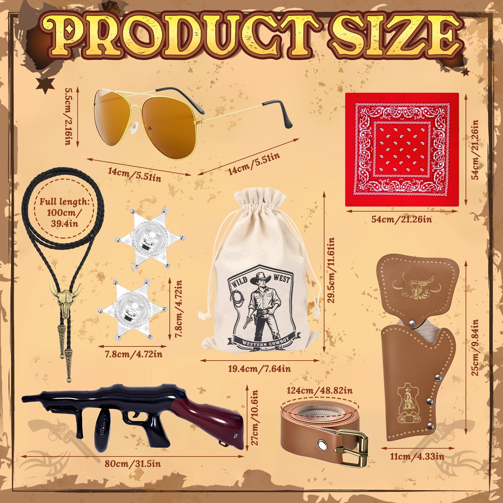 9Pcs Cowboy Costume Accessories, Wild West Cowboy Fancy Dress with Necklace Holster Sunglasses Inflatable Prop Holster Bag Sheriff Badges Belt Western Outfit Kits for Women Men Cosplay Hen Do Party - Image 2