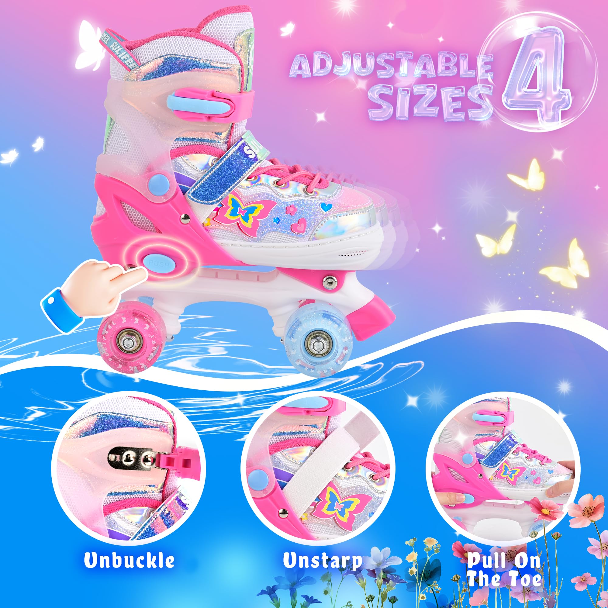 SULIFEEL Rollschuhe für Mädchen und Kinder mit leuchtenden Rollen, verstellbar in 4 Größen für Kleinkinder und Anfänger Rollschuhe