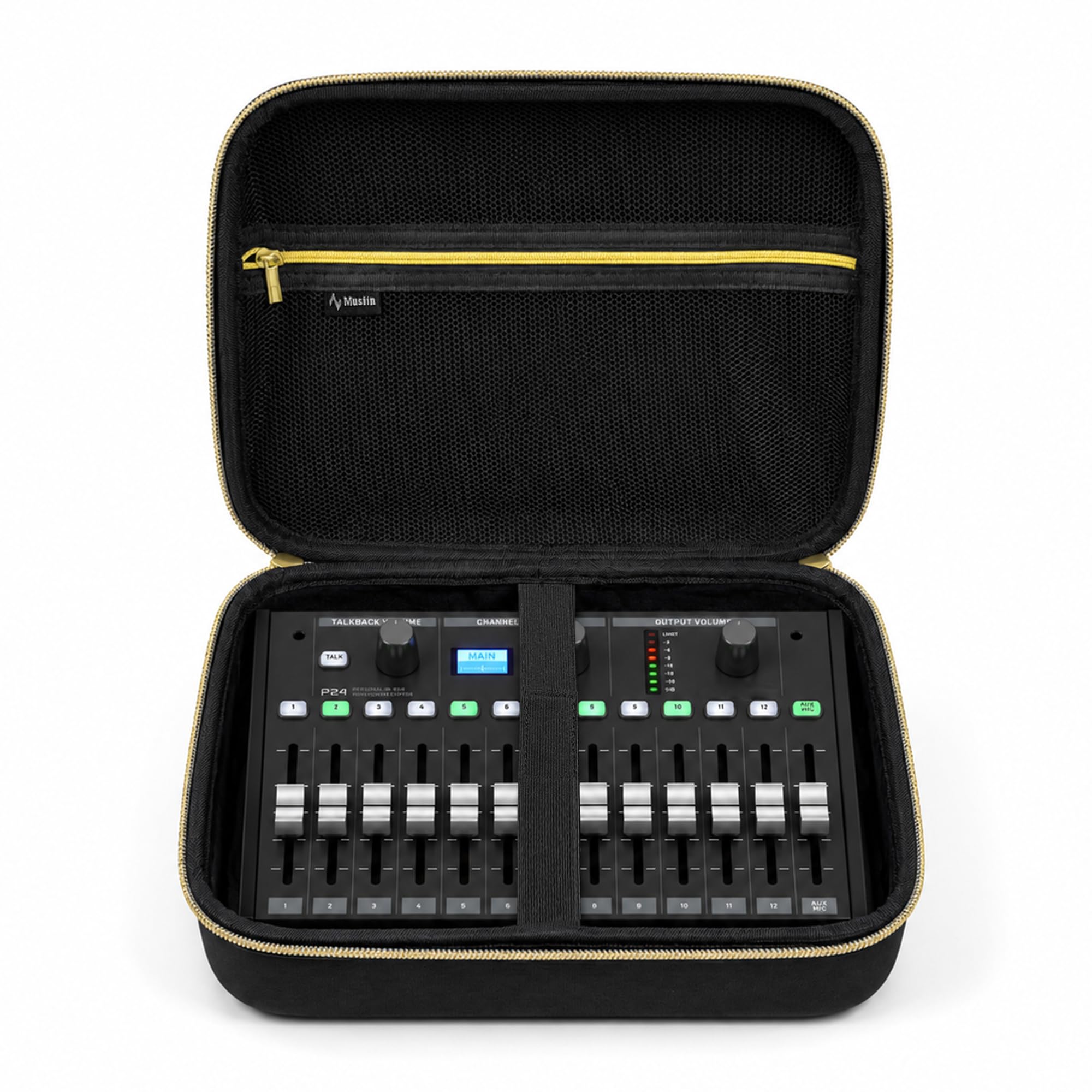 Musiin Custodia per mixer audio compatibile con Behringer P24, cerniera superiore dorata, comoda maniglia e cinturino interno, per studio, viaggi e trasporto di spettacoli dal vivo (Gold Tone Edition)