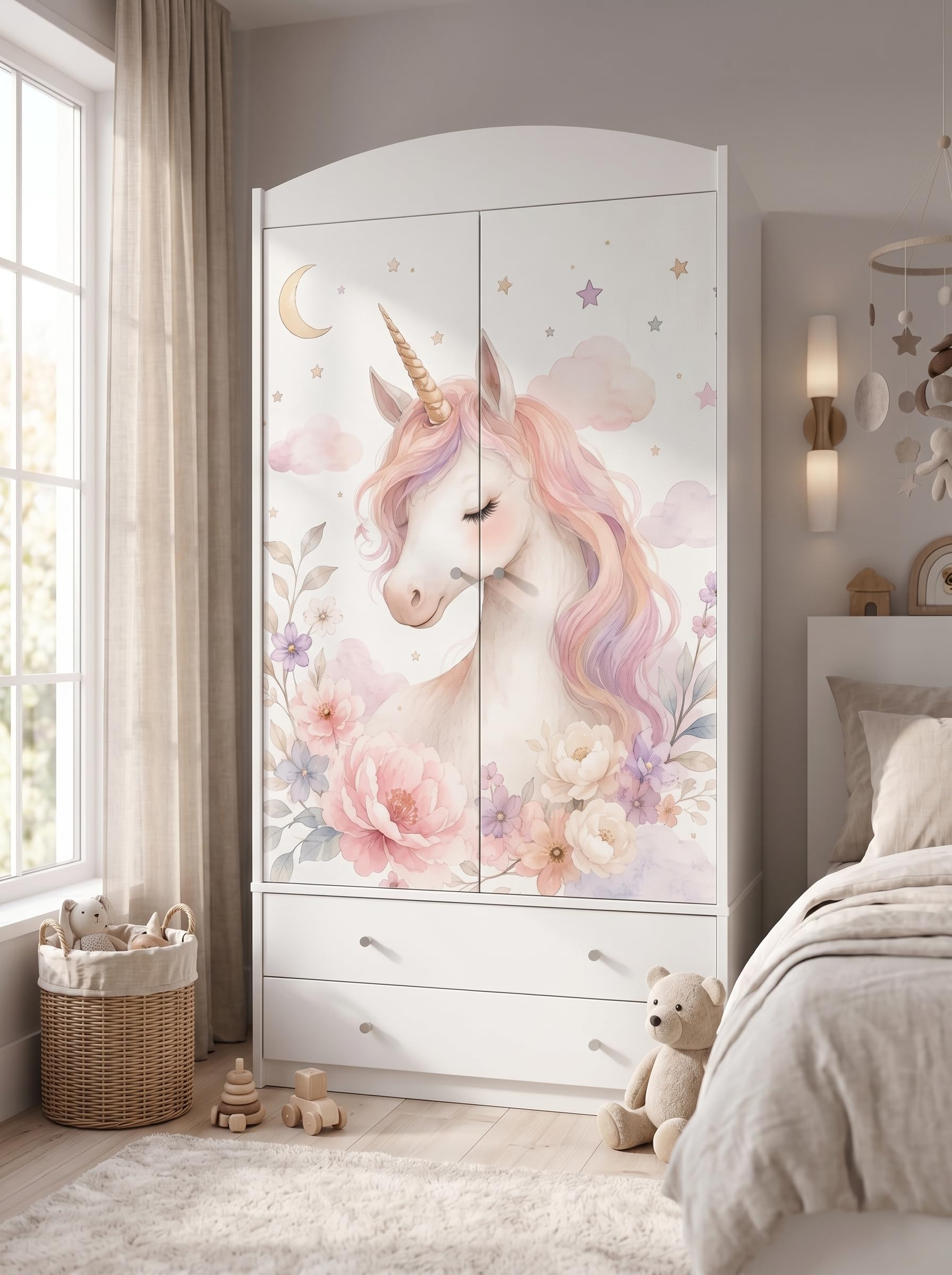 Happy Babies Kinderkleiderschrank mit bezauberndem Motiv – 2-türiger Schrank für Kinderzimmer inkl. 2 Schubladen, Kleiderstange & Einlegeböden, Weiß (88x187x54 cm) (Nr 452)