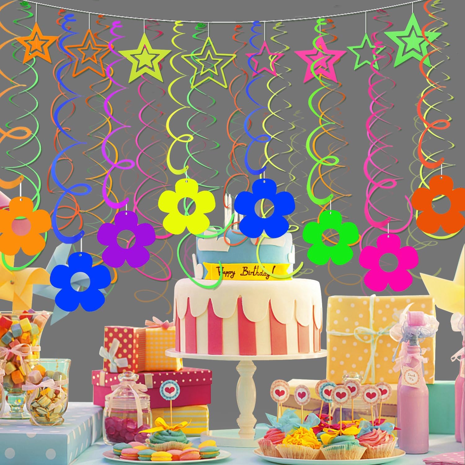 56 Pcs Hollow Flowers Hanging Swirls Decorations Neon Streamer for Ceiling Flower Neon Garlands Glow Party Supplies Decoration UV Black Light Neon Party Swirling Decorations for Dark Birthday Favors image 4
