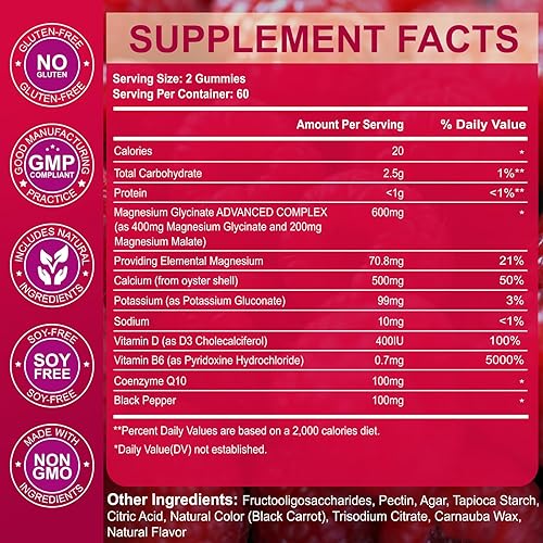 Miniatura 2 de Gomitas de glicinato de magnesio 600 mg  Suplemento de magnesio y potasio sin azúcar con malato de magnesio, vitamina D3, B6 y CoQ10 para adultos y