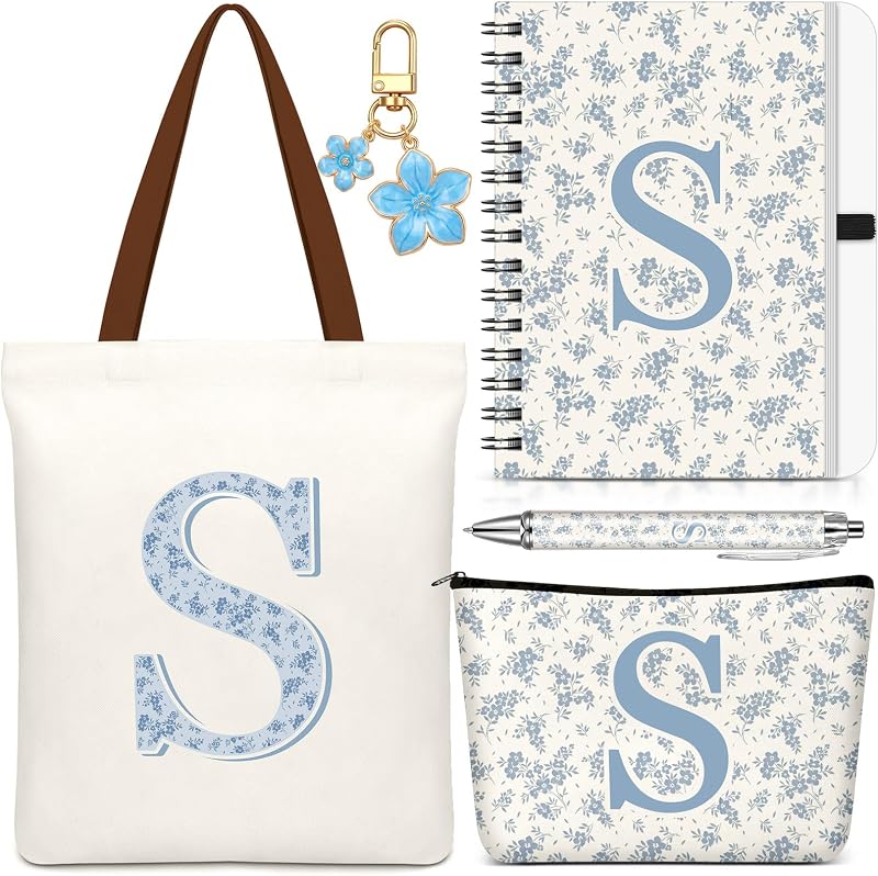 Talltalk Conjunto com 5 peças com inicial S: necessaire, bolsa de ombro, chaveiro, caderno espiral e caneta