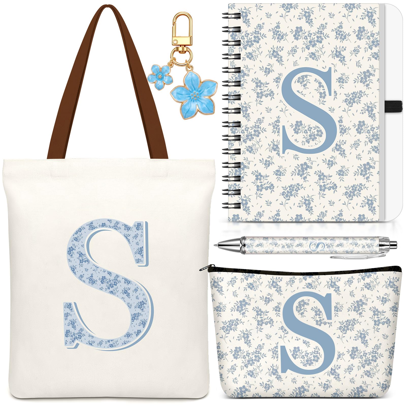 Hestya 5 Pcs Initial Tote Bag Gift Set, Makeup Bag + Shoulder Bags + Keyring + Notebook + Ballpoint Pen, Alphabet Theme Practical Gift for School Birthday Christmas(Beige Blue,Letter S)