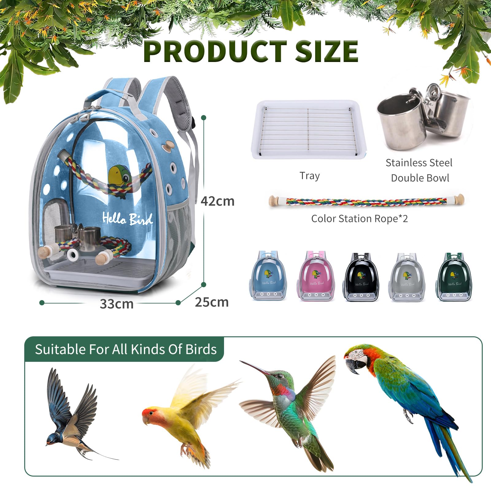 PETCUTE Multifunktionaler Rucksack für Vögel mit Holzstab, Leichte Träger Vogel Transporttasche, Papageien Reiserucksack mit Edelstahl-Tablett und Stehstange, Vogel Transportbox-Blau