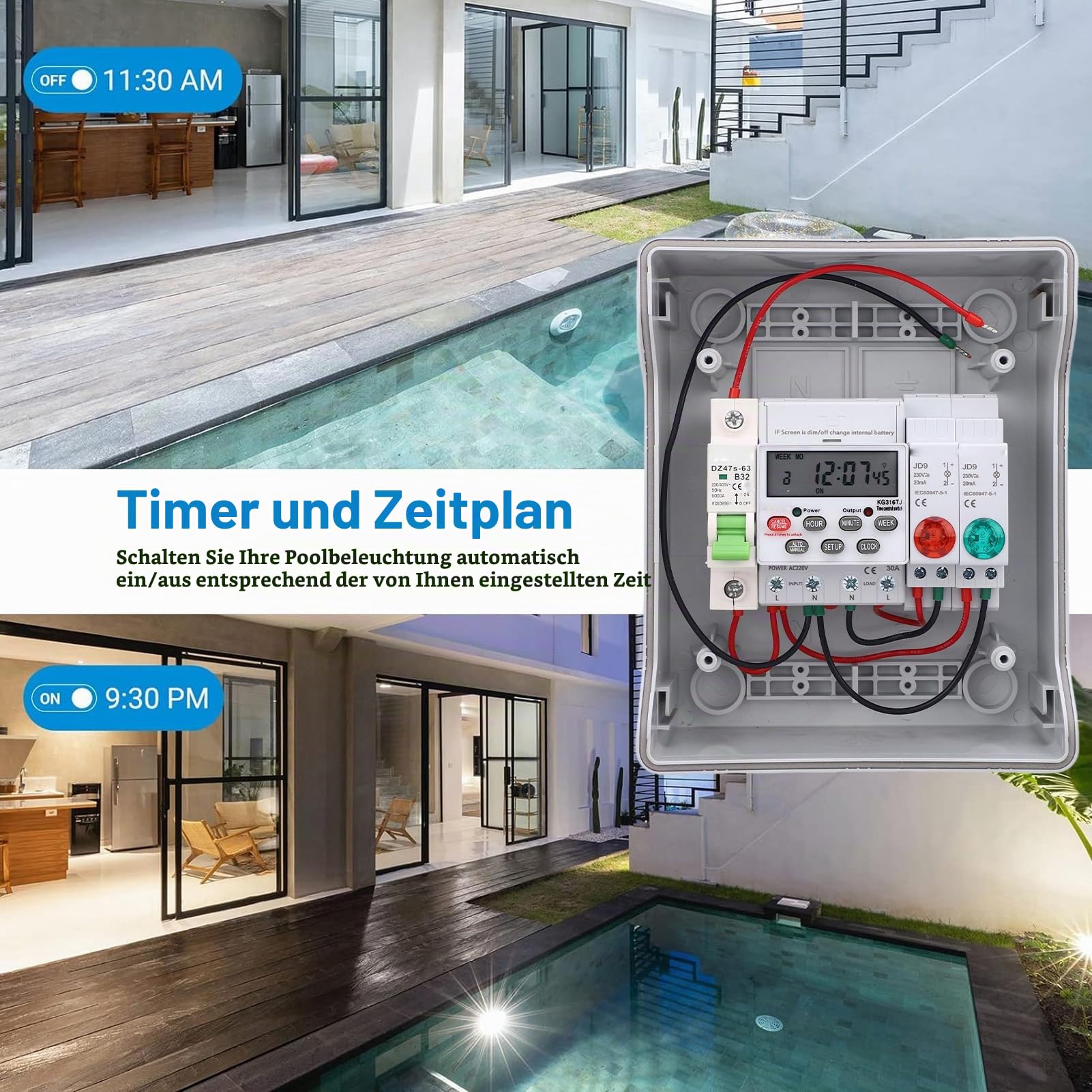 Digital Timer Switch, 32A Programmierbarer Außenverteilungsbox, IP65 wasserdichte Poolpumpen -Timer, Leistungsschalter für Poolpumpe, Warmwasserbereiter, Landschaftslichter