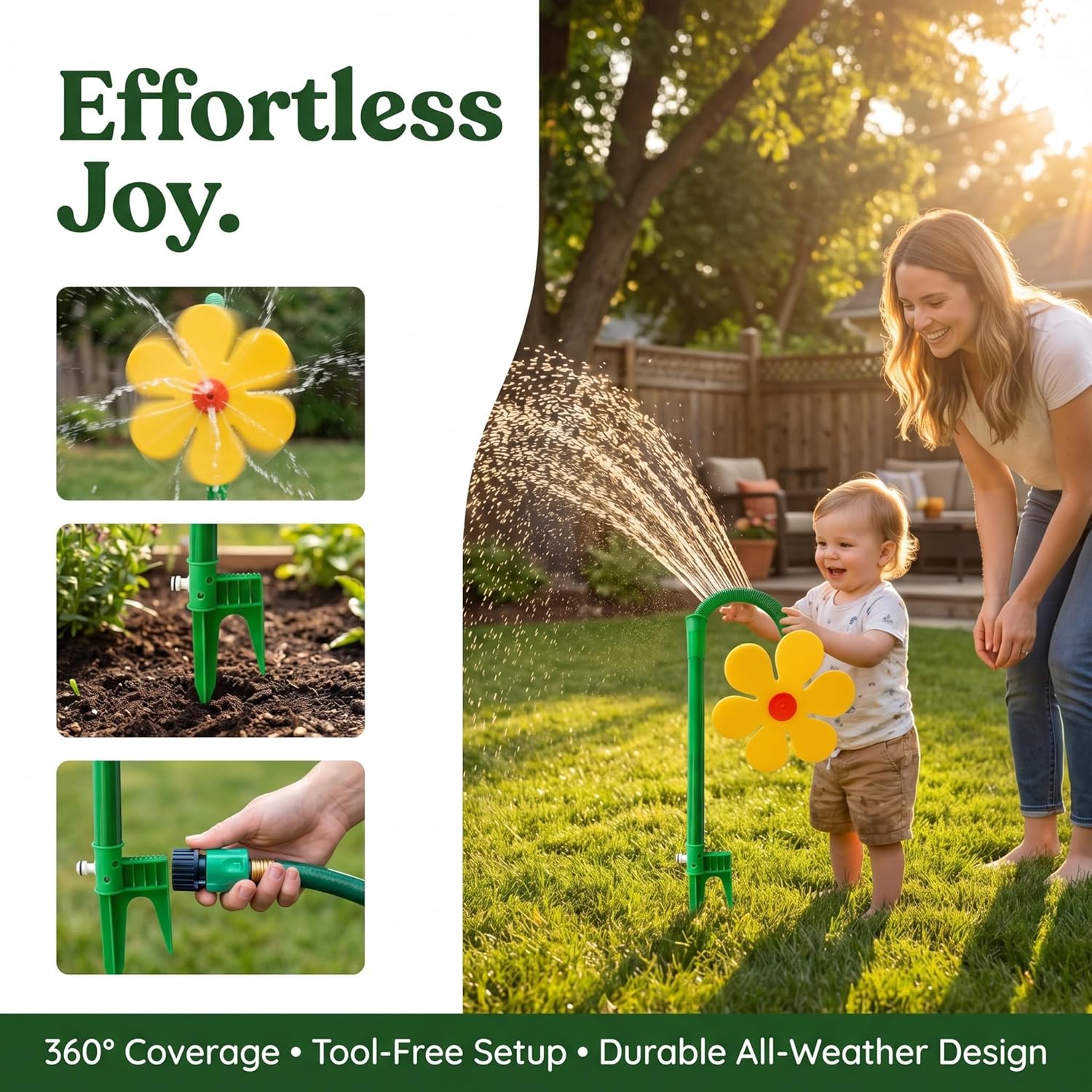 Crazy Daisy Sprinkler, 360° Rotating Dancing Flower Water Sprinkler, Plastic, White, Red and Yellow, for Kids, Dogs, Yard Watering, with Cleaning Needle and Gardening Gloves (#D)
