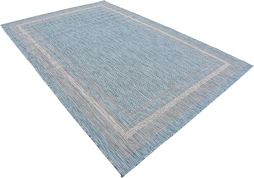 Vista 483 de Unique Loom - Colección Outdoor Border - Tapete para exteriores de borde suave - 5 pies 3 pulgadas x 8 pies, rectangular, azul/marfil azu/marfil