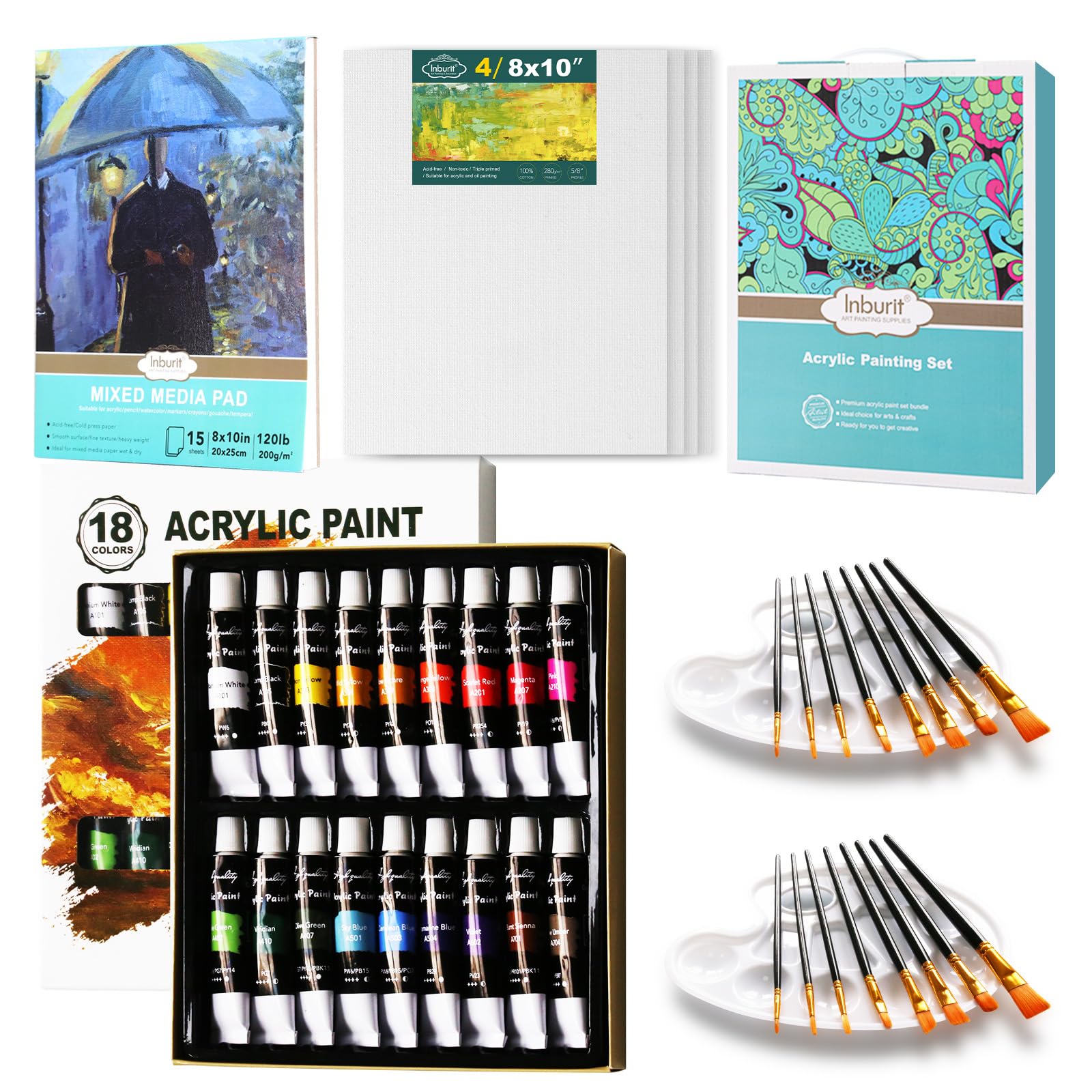 Juego de pinturas acrílicas, juego de 41 piezas con 18 tubos de pinturas acrílicas, 4 lienzos, 1 libro acrílico, 2 x 8 pinceles de pintura, 2 paletas de mezcla, suministros de arte para adultos, niños