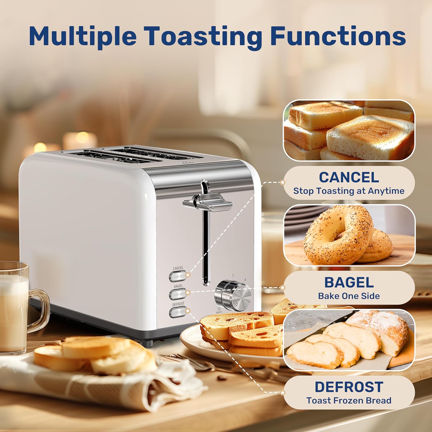 YSSOA 2-Slice Toaster with 6 Browning Setting and 3 Function, Extra Wide Slot & Removable Crumb Tray, Retro Stainless-Steel Style, for Bread & Waffle, White