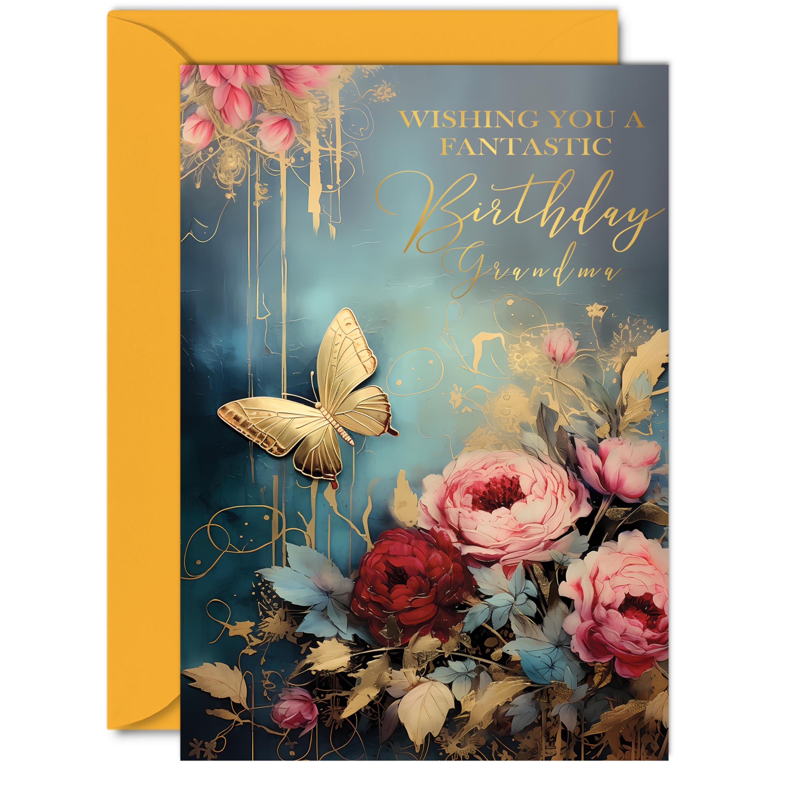 Beautiful Gold Birthday Cards for Grandma - Wonderful Golden Butterfly - Elegant Traditional Pretty Birthday Card for Grandma from Granddaughter Grandson, 5x7 Inch Gran Gorgeous Greeting Cards Gift
