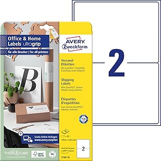AVERY Zweckform 7168-10 Shipping Labels (20 Labels, 199.6 x 143.5 mm on A4, FSC, Printable Shipping Stickers with Ultragrip, Self-Adhesive Labels, DHL, Ideal for Home Office) 10 Sheets, White