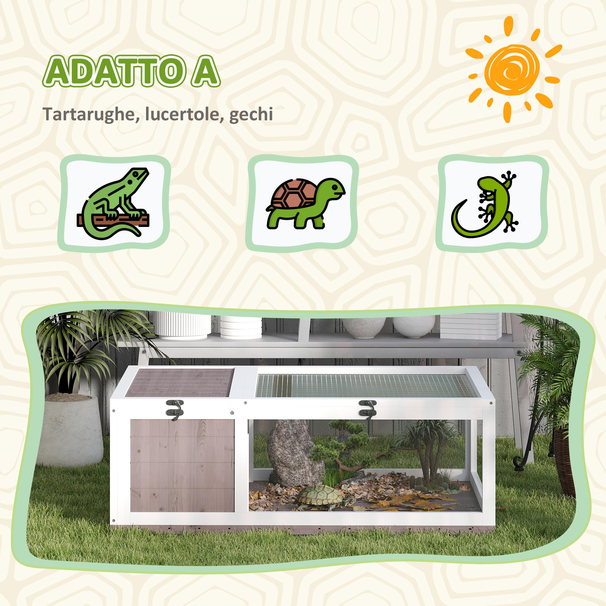 PawHut Casa per Tartarughe di Terra con Pannello Apribile e 2 Spazi Separati, Terrario Tartarughe di Terra in Legno di Abete e Acciaio Zincato, 91x60.5x32 cm, Marrone Chiaro