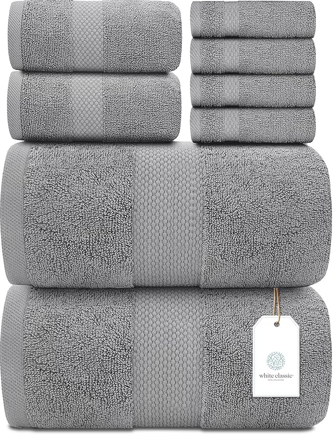 White Classic Luxury Light Grey Bath Towel Set Combed