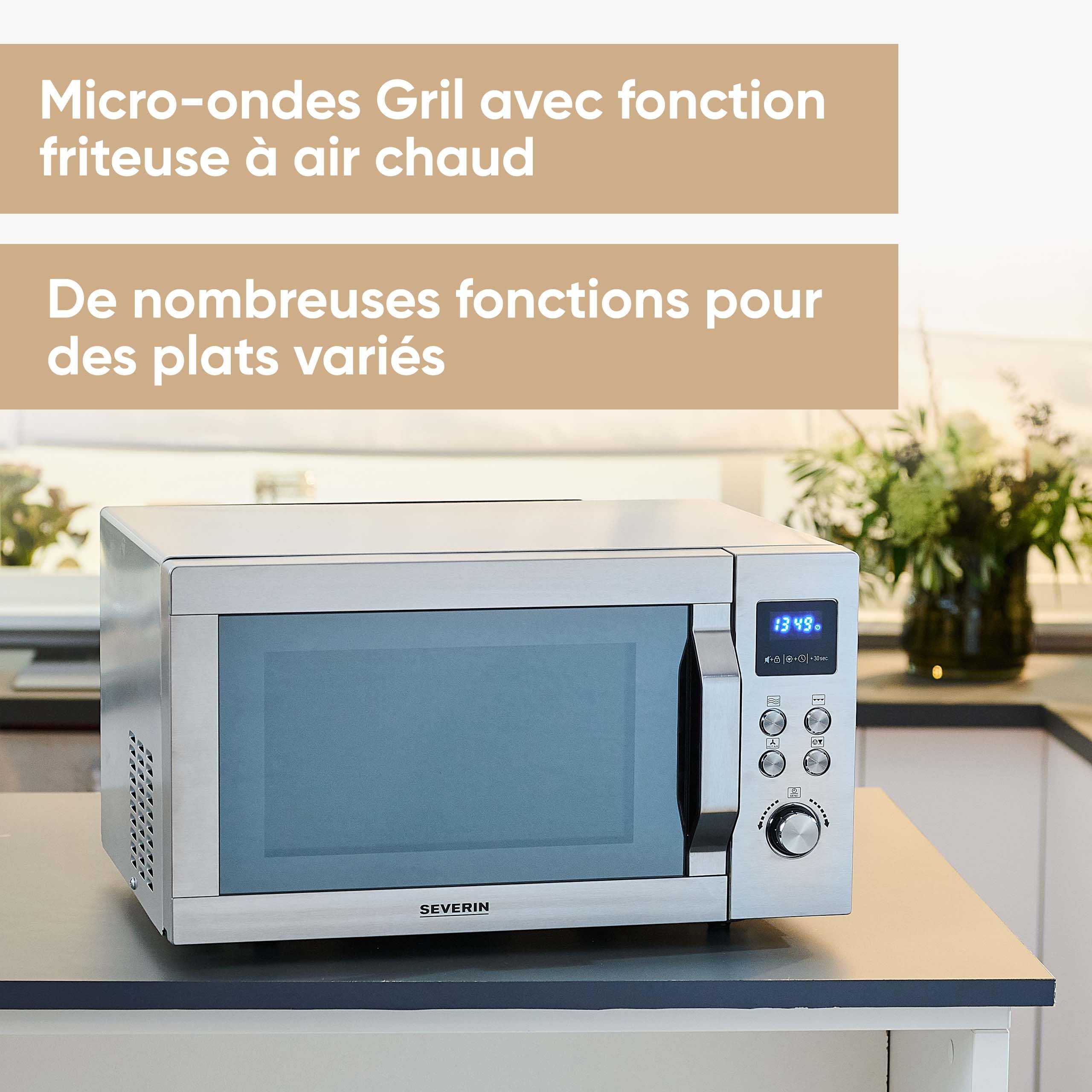 SEVERIN Four à micro-ondes 25 L - 4-en-1 : Micro-ondes + Four + Gril + Air fryer, Micro-onde avec 10 niveaux de puissance, 10 programmes automatiques, Inox, MW 7982