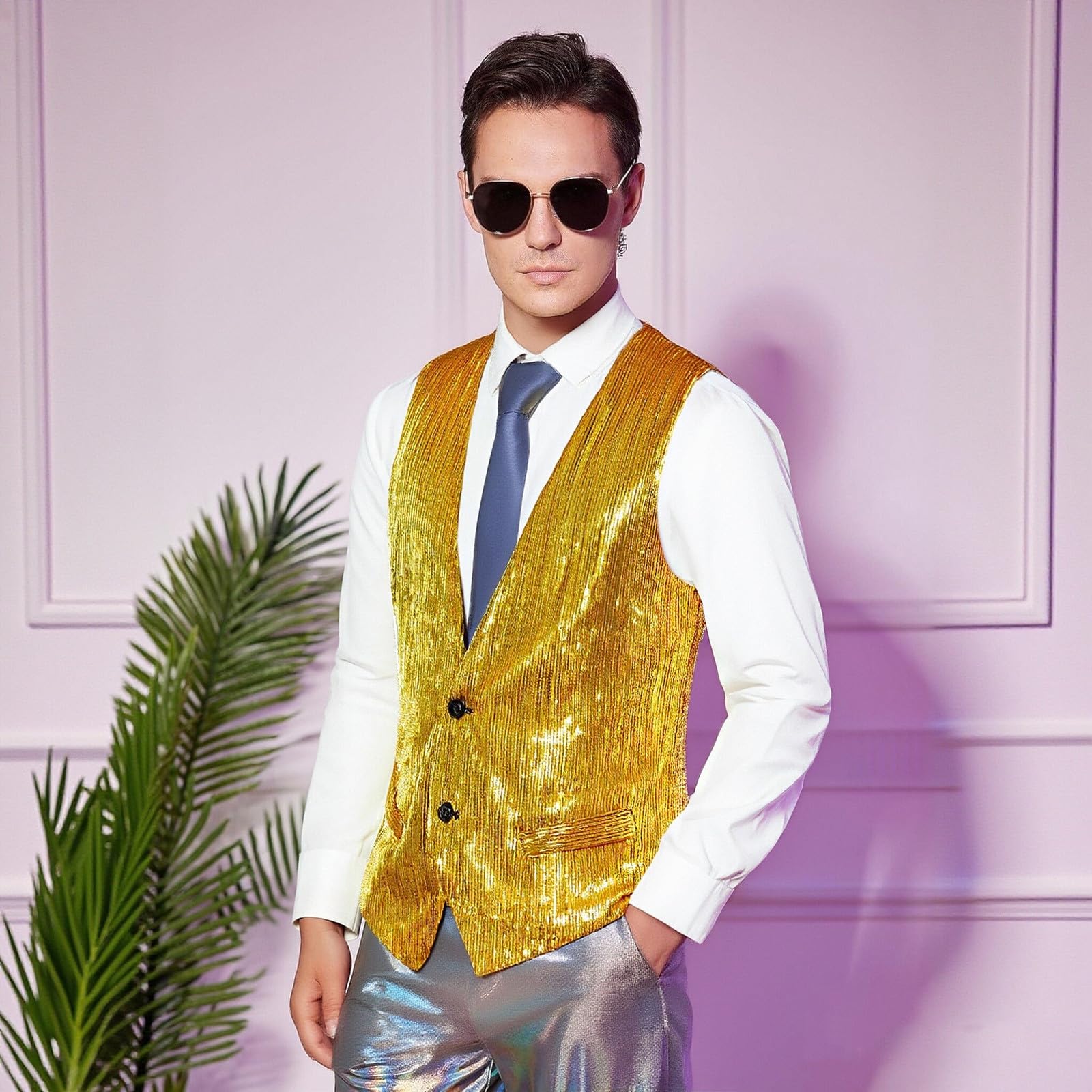 Gilet Paillettes Uomo Panciotto Elegante Costumi Glitter Giacca Lucido Slim Fit Abito Spettacolo Casual Medievale Estivo Fashion Carnevale