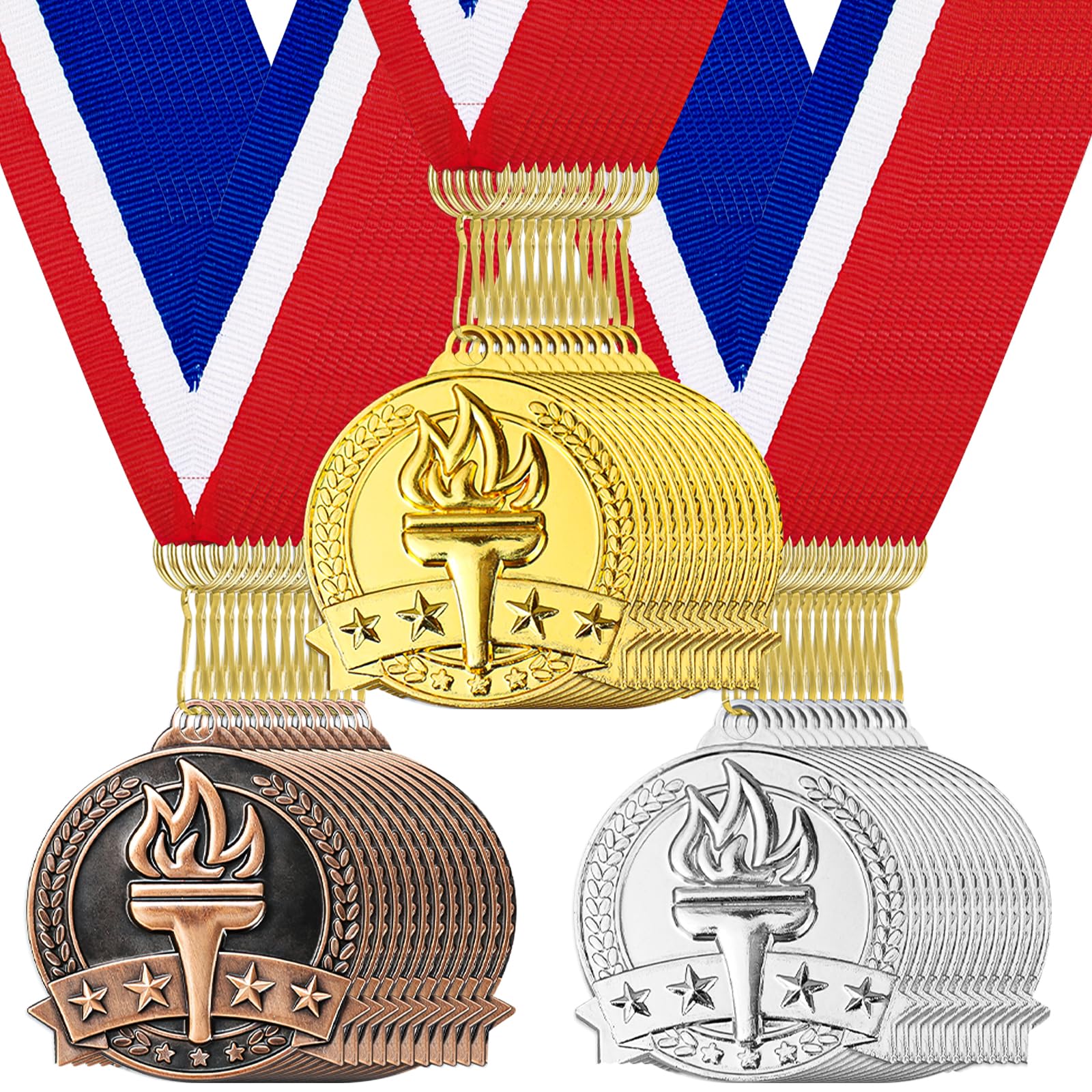 36 medaglie di bronzo oro argento sfuso, medaglie vincitrici in metallo con nastro per il collo, per bambini e adulti, 5 cm, stile olimpico, medaglie premio per competizioni sportive, premi per