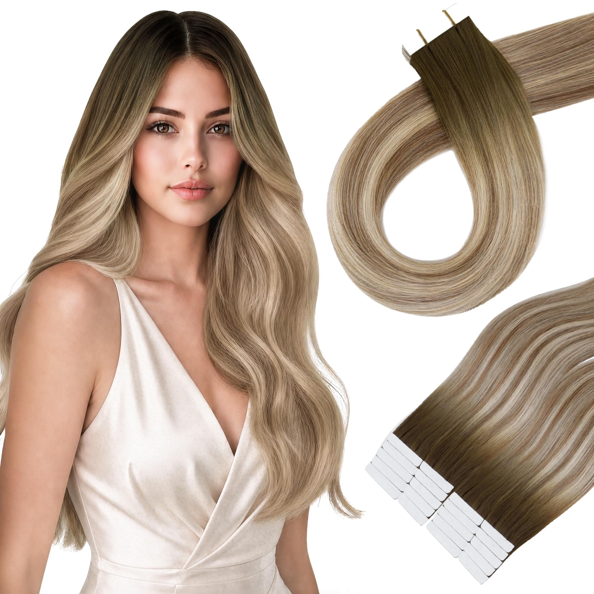 Photo 1 of HEAPO Tape in Hair Extensions Human Hair, 3/8/22 Balayage Brown to Light Brown Mixed Blonde, 20 Inch 20pcs 50g, Invisible Seamless Tape for Hair Extensions, Tape Ins Glue in Remy Human Hair for Women