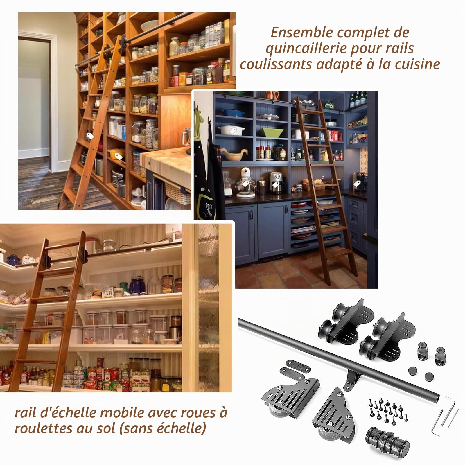 Support de Rail d'échelle de bibliothèque roulante rétractable (sans échelle), kit de matériel d'échelle coulissante Noire, Rail/Rail d'échelle Mobile pour loft/étude/Salon avec po