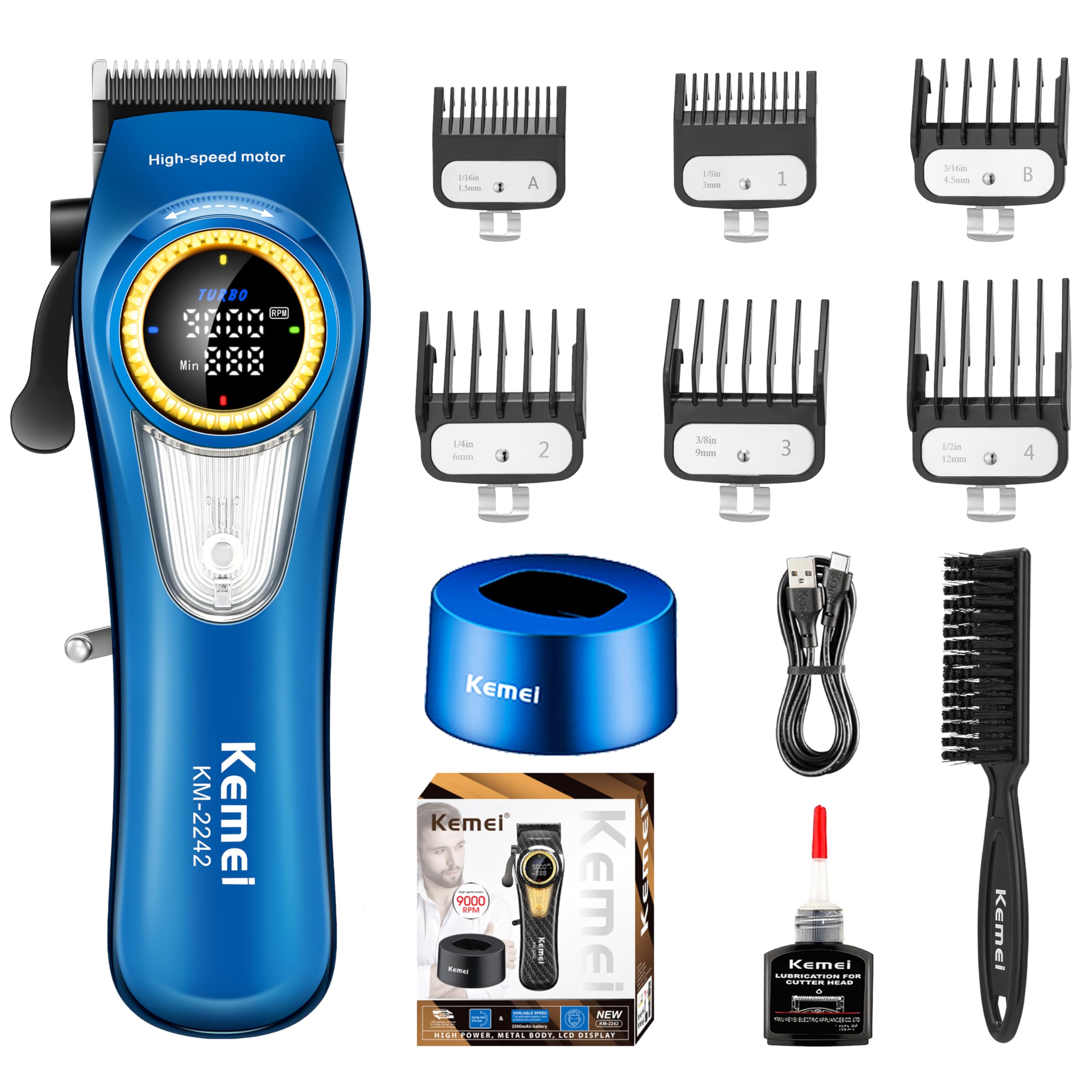 KEMEI 2242 Professional Hair Clippers for Men, Cordless Barber Clipper with LED Display & Charging Base, Hair Cutting Tools, 9000 RPM Super Torque