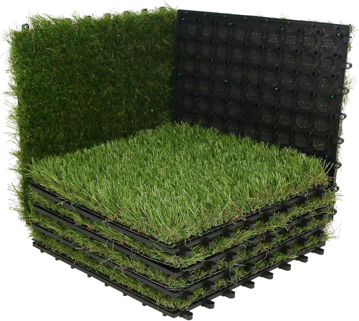 XLX TURF Artificial Grass Turf Tiles Interlocking Set 6 Pieces, Square Fake Grass Tiles Self-draining for Pet Indoor/Outdoor Flooring Decor, 12"x12", 8 Buckle Systerm 12"x12"/6 Piece 8 Buckle Lock Tile-Green