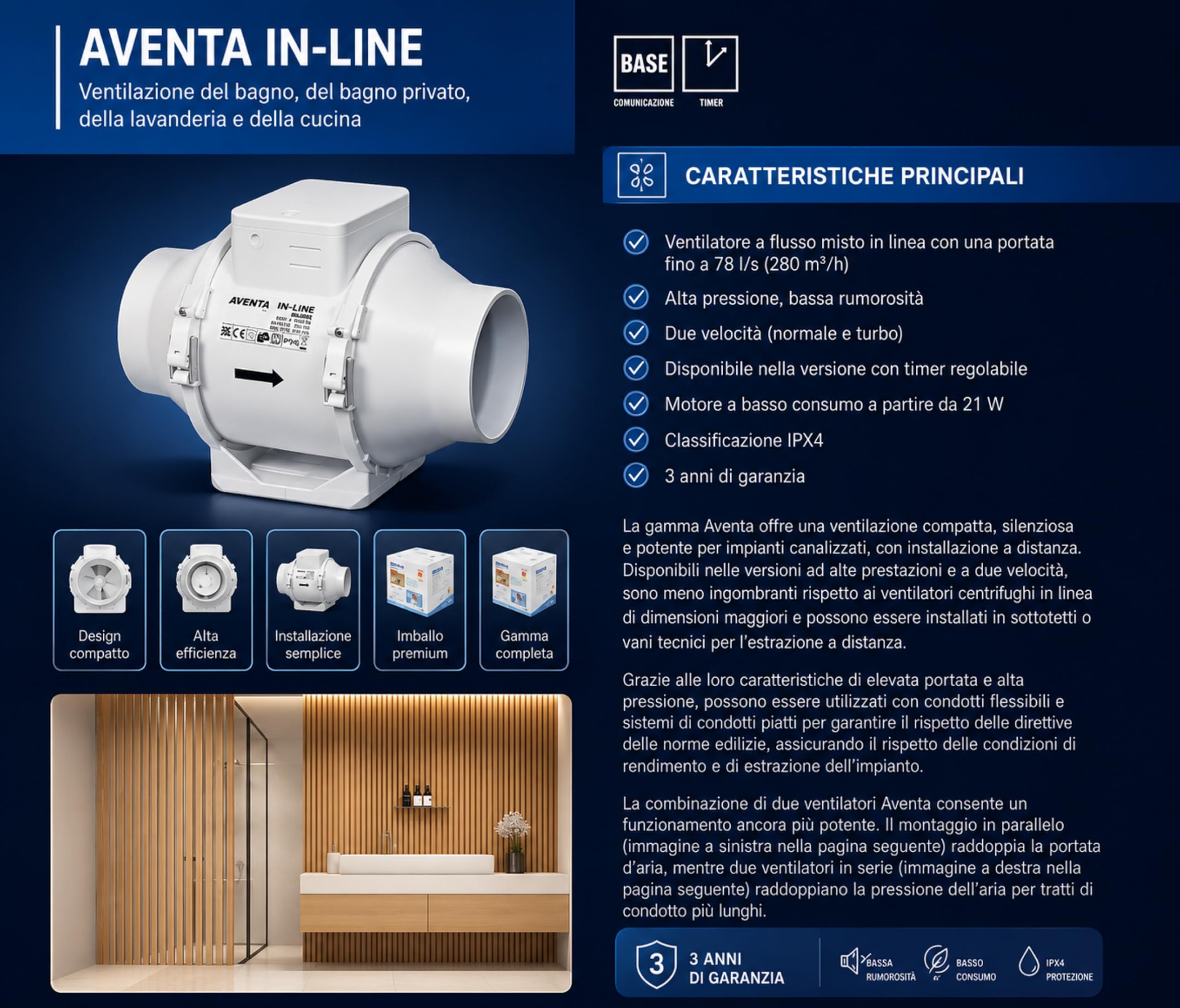 Airflow Aventa 100B Aspiratore In-Linea a Flusso Misto – Ventilazione 21W a Risparmio Energetico, 40–52 l/s (145–187 m³/h), IPX4, Condotto 100mm, 3 Anni Garanzia