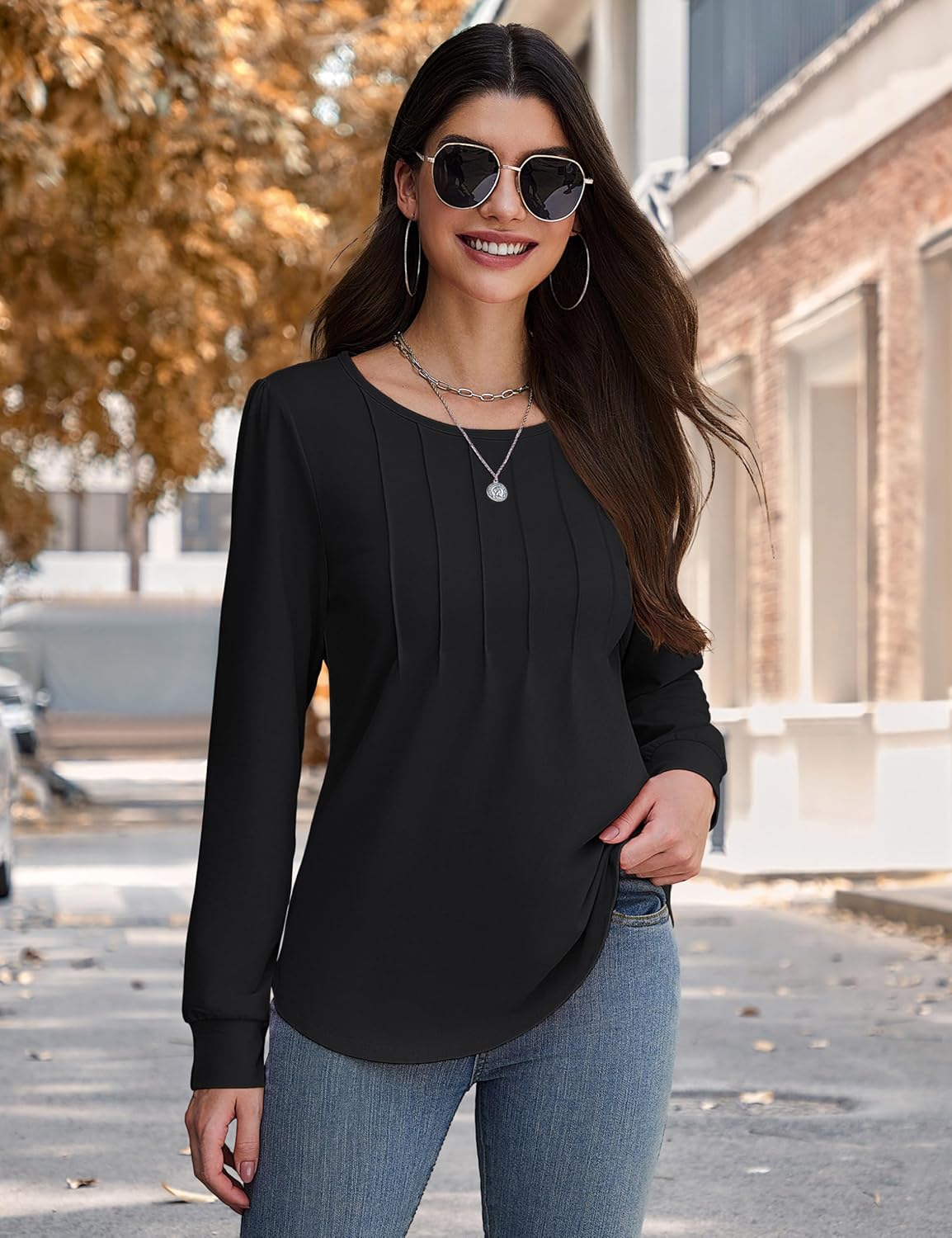 YUCOLEN Long Puff Sleeve Shirts for Women Pleated Crew Neck Tunic Tops Blouses Dressy Casual Fall Tops - Image 2