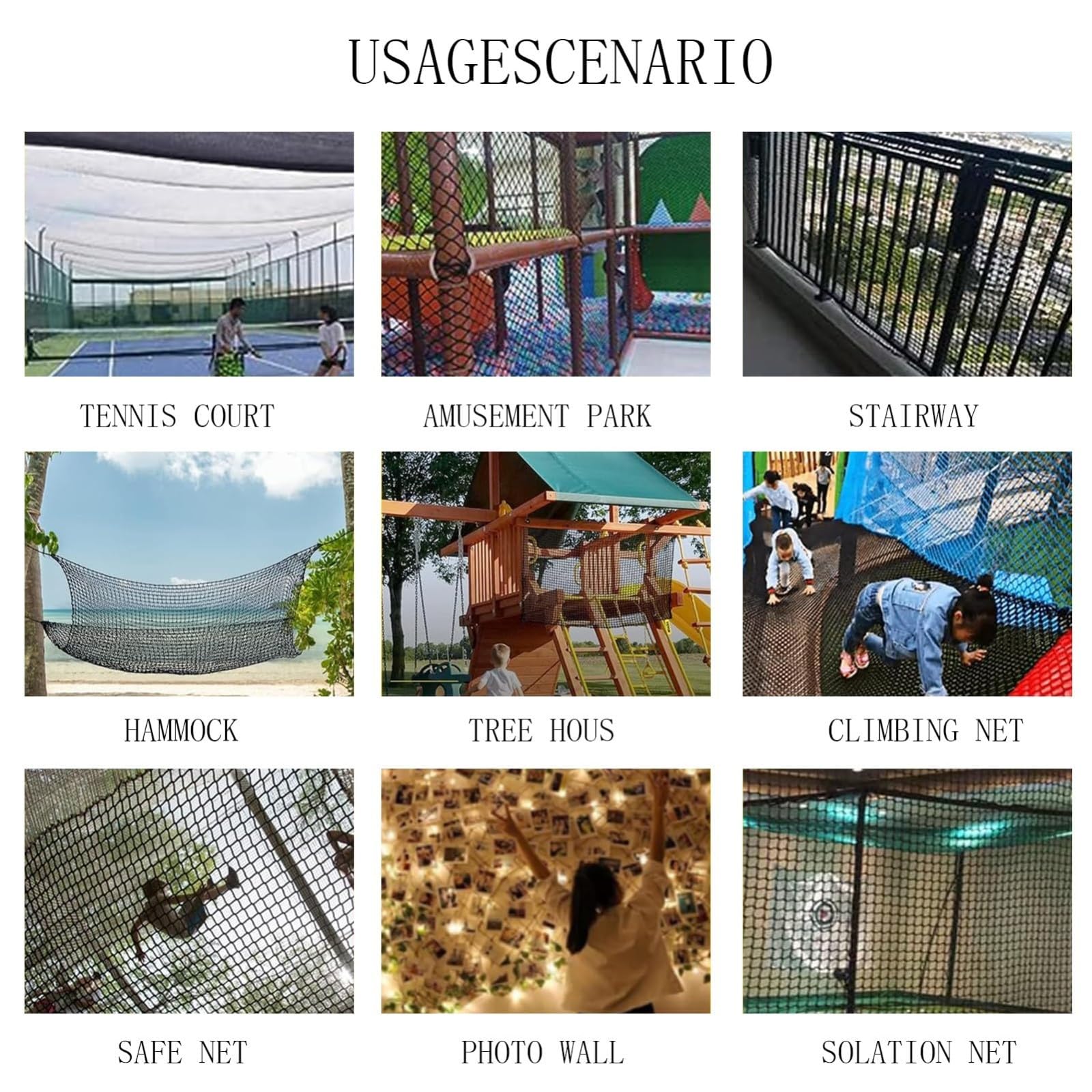 Red de seguridad personalizable de doble punto para parque infantil, duradera, color negro, partición de red de 2 x 2 m, ideal para la seguridad infantil y espacios recreativos