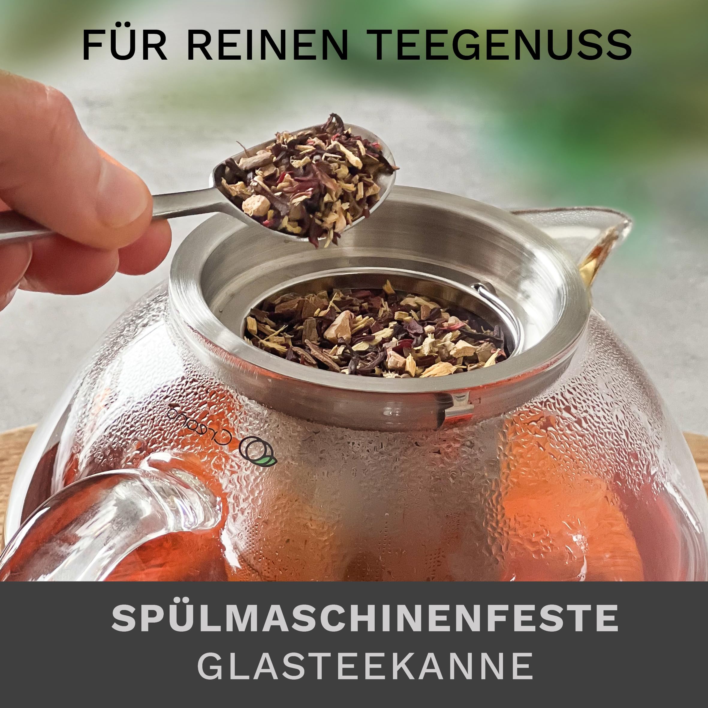 Creano Teekanne aus Glas 1,7l, 3-teilige Glasteekanne mit integriertem Edelstahl Sieb und Glasdeckel, ideal zur Zubereitung von losen Tees, tropffrei, All-in-one