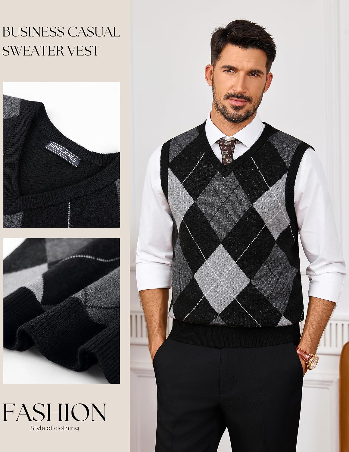 PJ PAUL JONES Mens Argyle Sweater Vest V-Neck Vintage Knit Vest