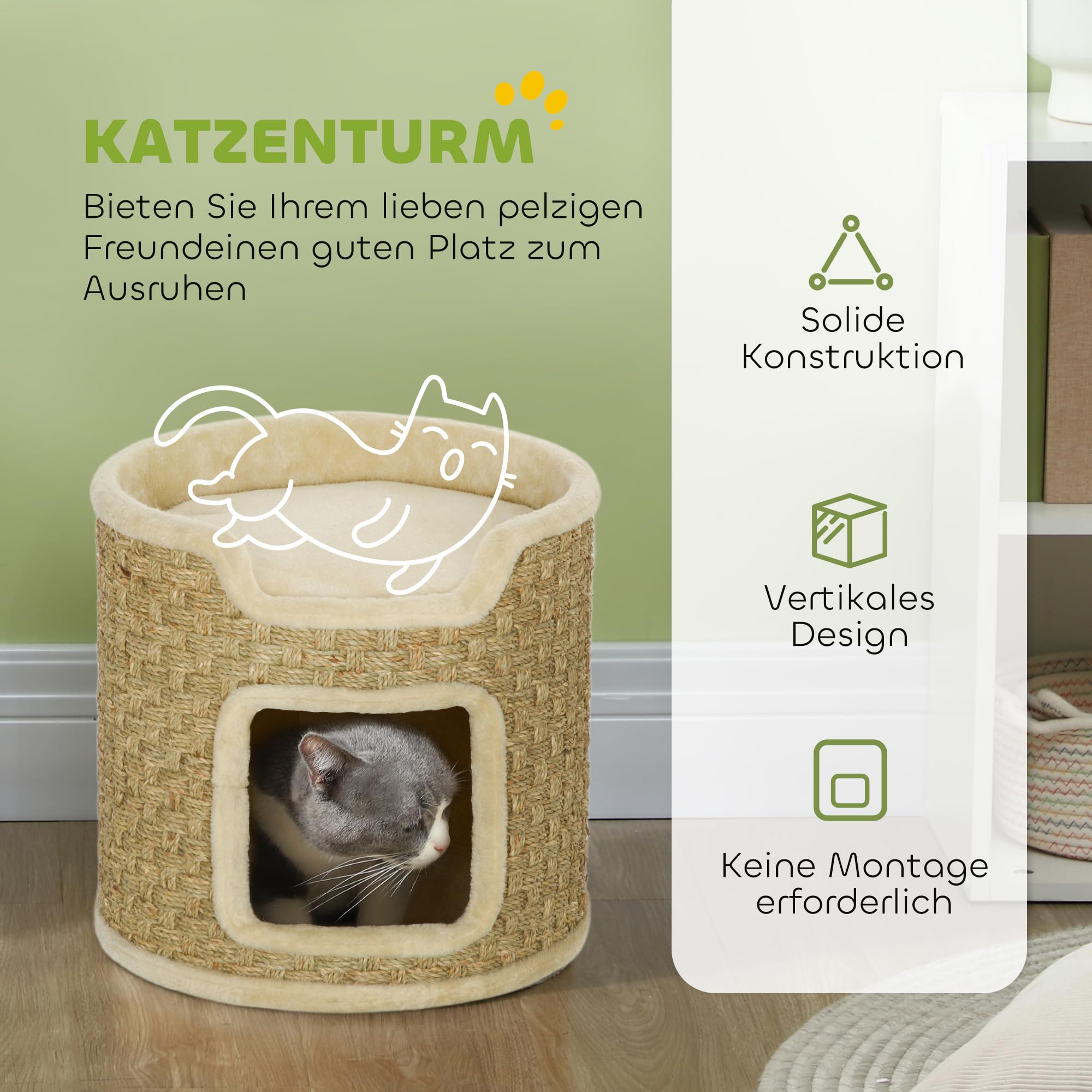 Fusto tiragraffi PawHut, fusto per gatti alto 37 cm, grotta per gatti con porta, casa per gatti, tiragraffi a 2 livelli, torre per gatti, letto per gatti in sisal, per gatti fino a 5 kg, kaki