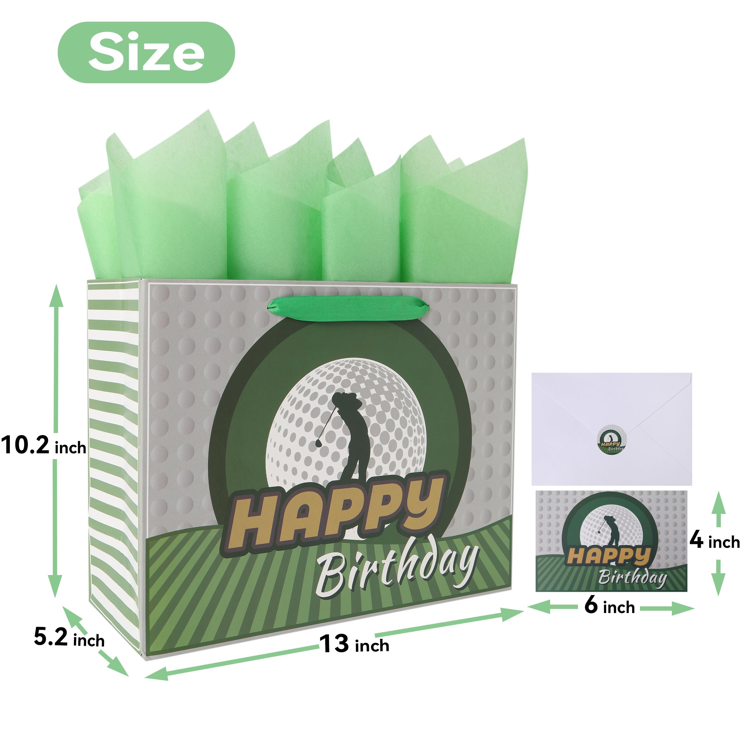 13” Large Golf Birthday Gift Bag Set with Handles, Greeting Card, Blue Tissue Papers for Men Boys Golfers for Golf Party Favors, Sports Themed Design, 1 Pcs