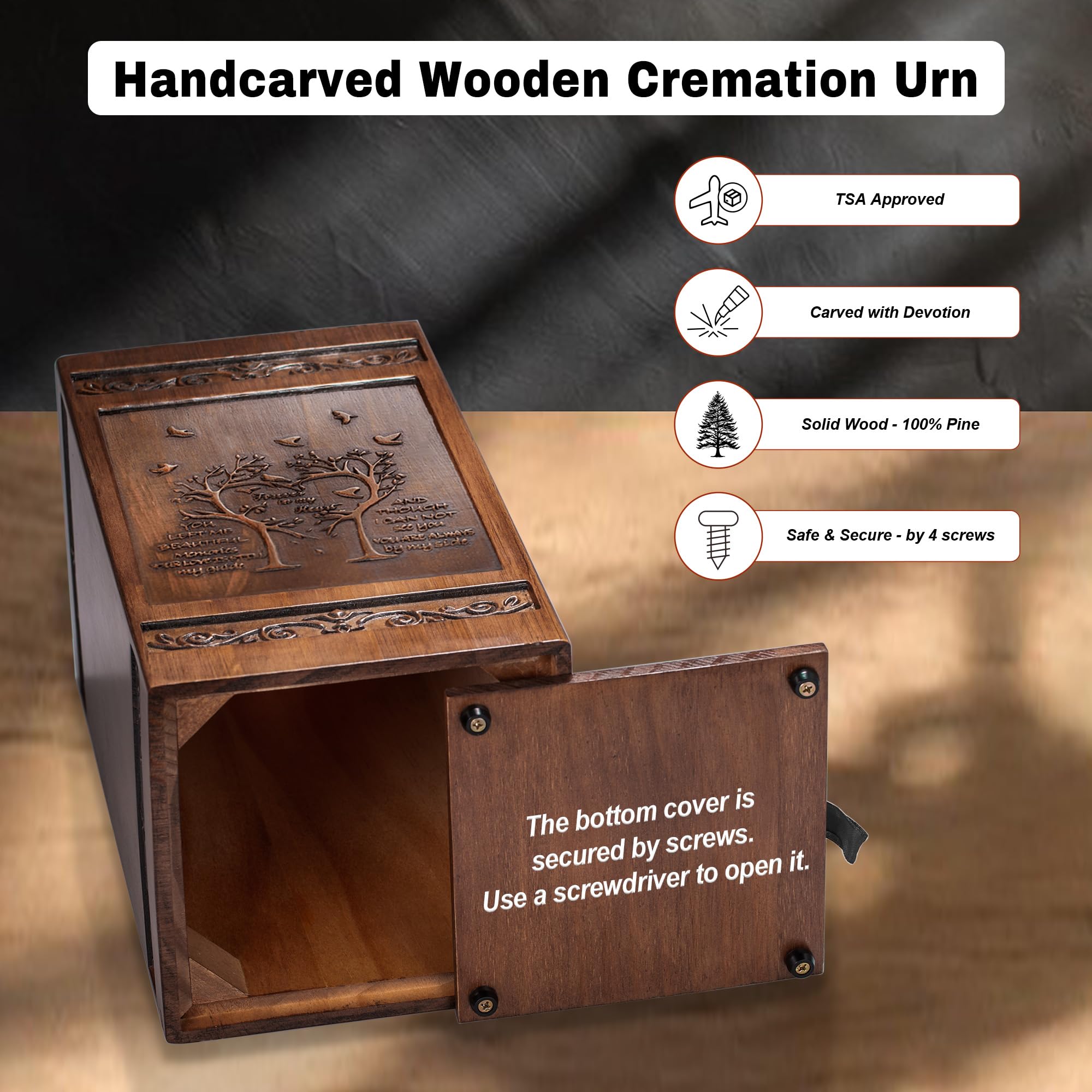Gredstar Tree of Life Wood Urn for Ashes, Exquisitely Carved Adult Memorial Box - Image 2