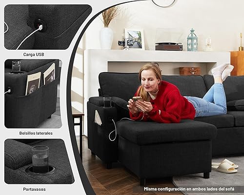 Miniatura 4 de DURASPACE Sofá cama extraíble 2 en 1 sofá cama seccional con almacenamiento, USB, soporte para tazas, sofás seccionales extraíbles para apartamento