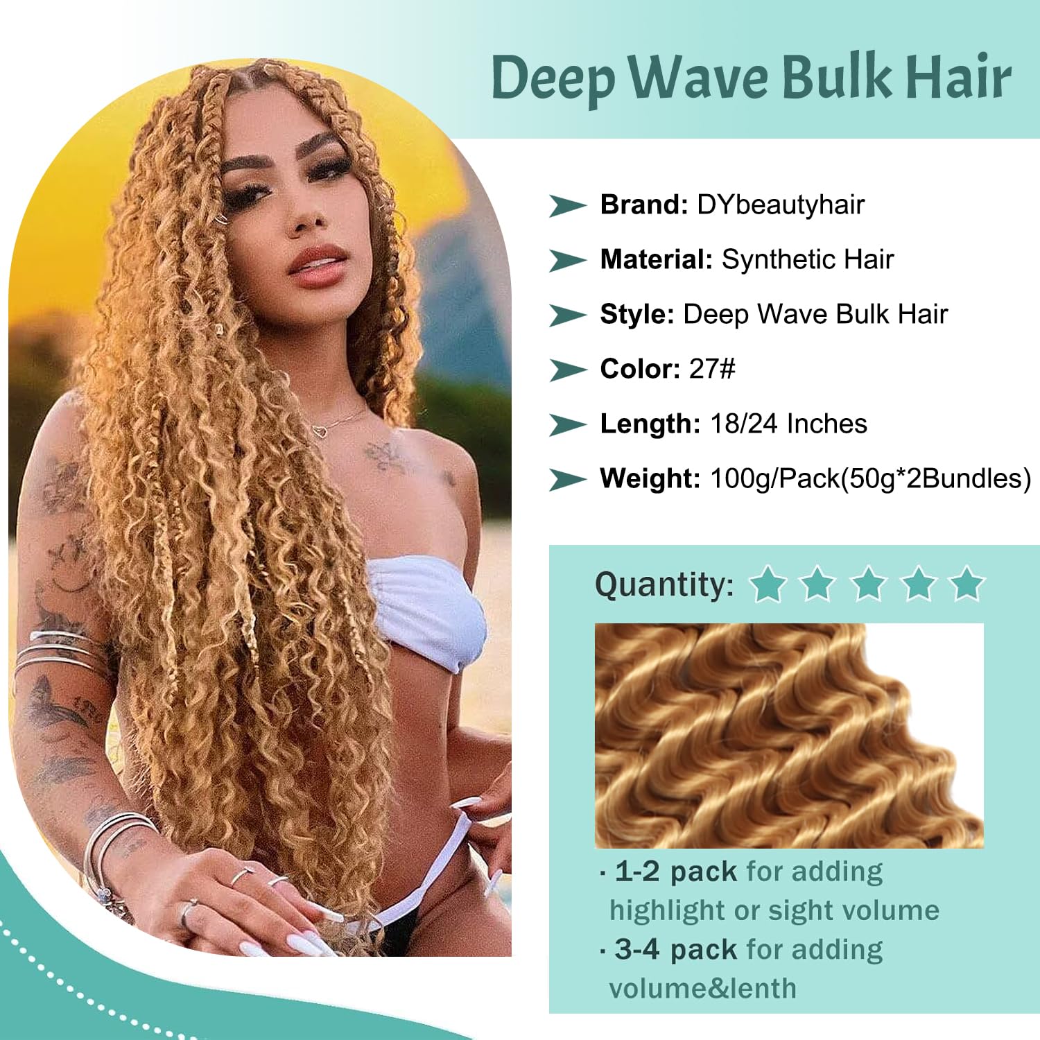 24 Inch Deep Wave Bulk Hair for Braiding Boho Hair for Braiding Deep Water Wave Braiding Hair No Weft Wet and Wavy Braiding Hair Extension (27# - Image 2