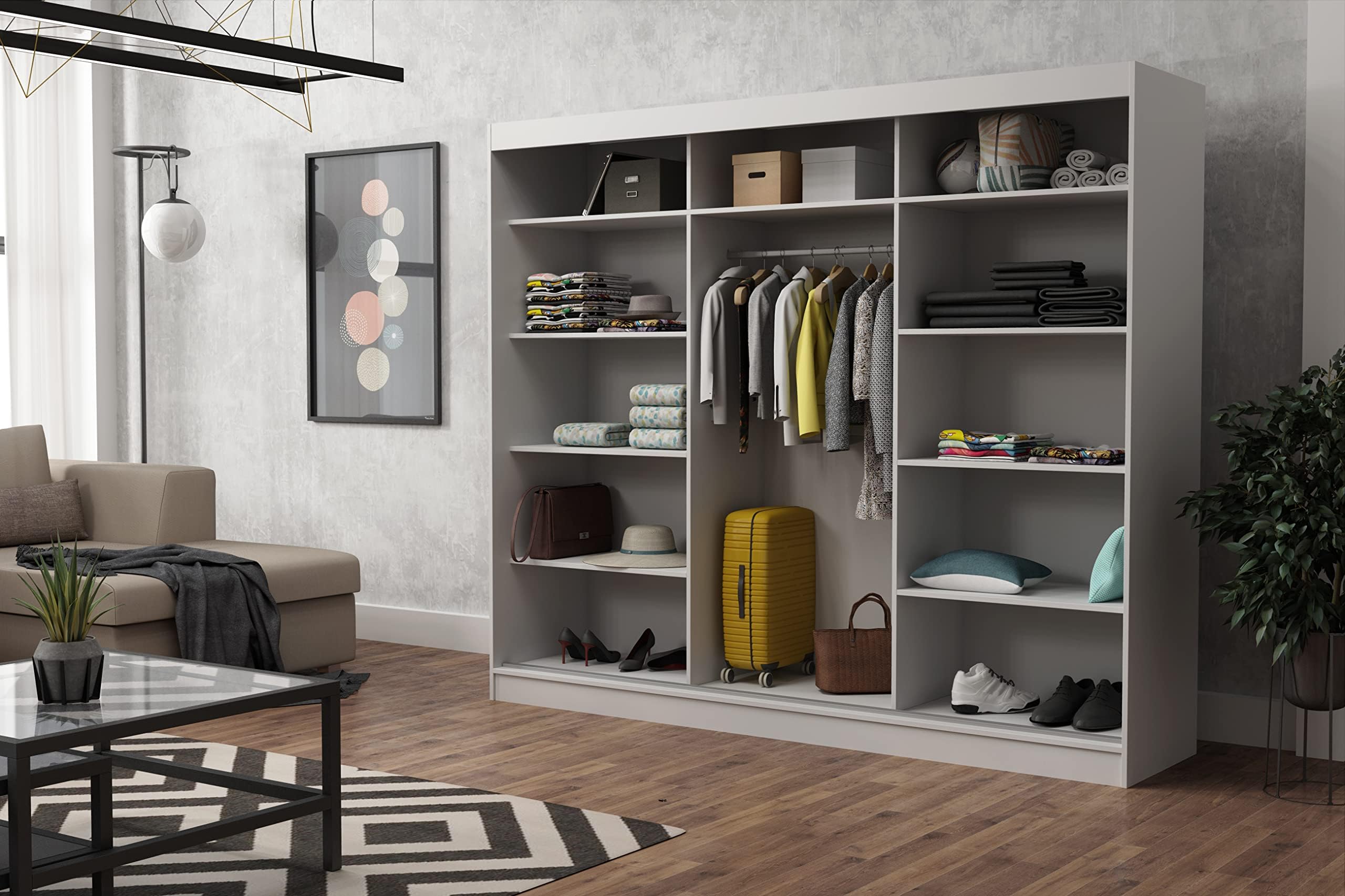 Brent - Kleiderschrank mit Spiegel Henry, 250cm Breit, Schlafzimmerschrank mit 1 Kleiderstange und Einlegeböden für Kleidung, Kleiderschrank Weiß