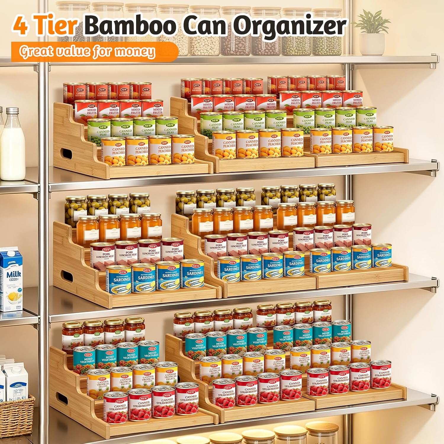 4-Tier Bamboo Expandable Can Rack Organizer for Pantry 32 Cans
