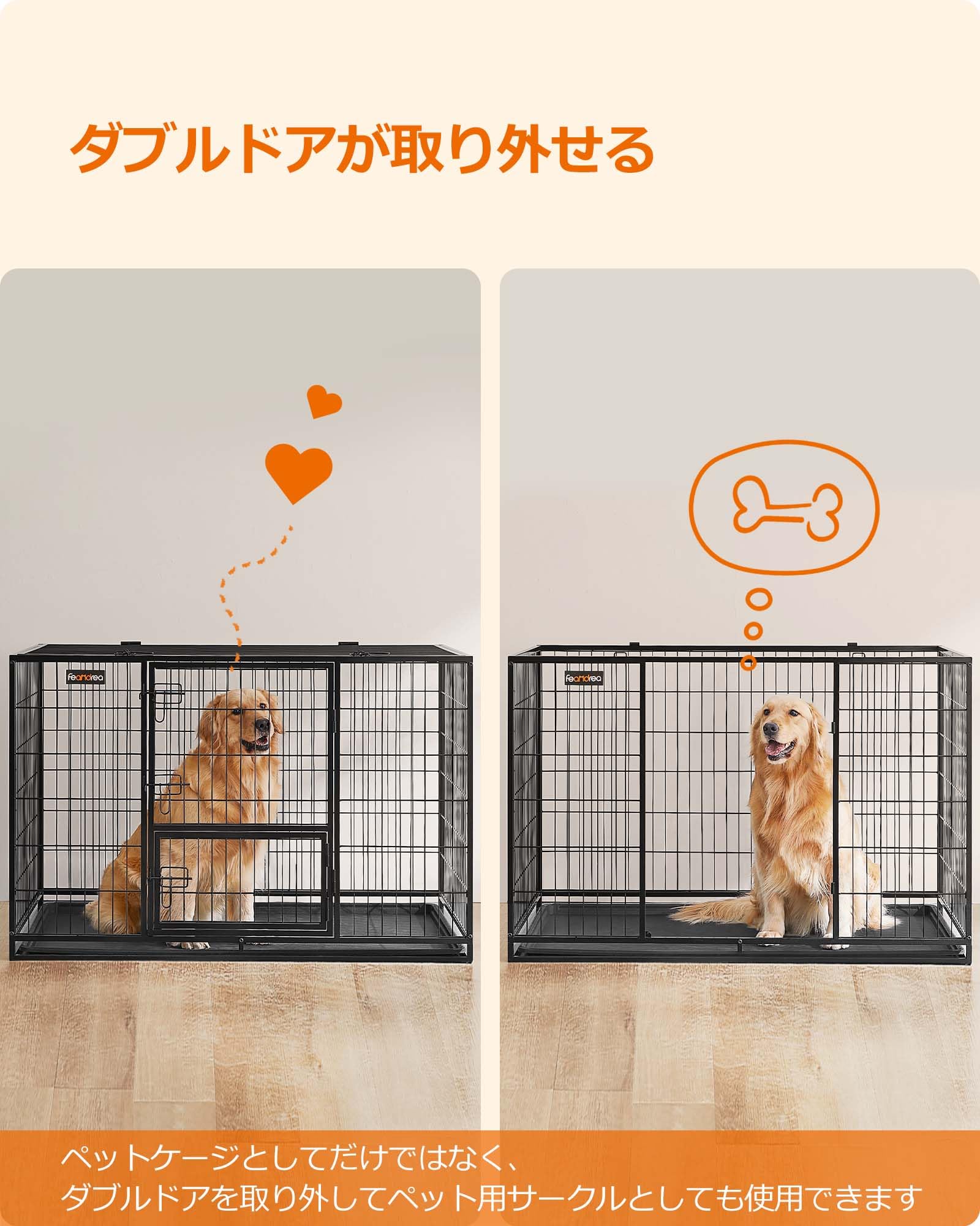 Amazon.co.jp: FEANDREA 犬 ケージ 大型犬用 ダブルドア付き トレー  