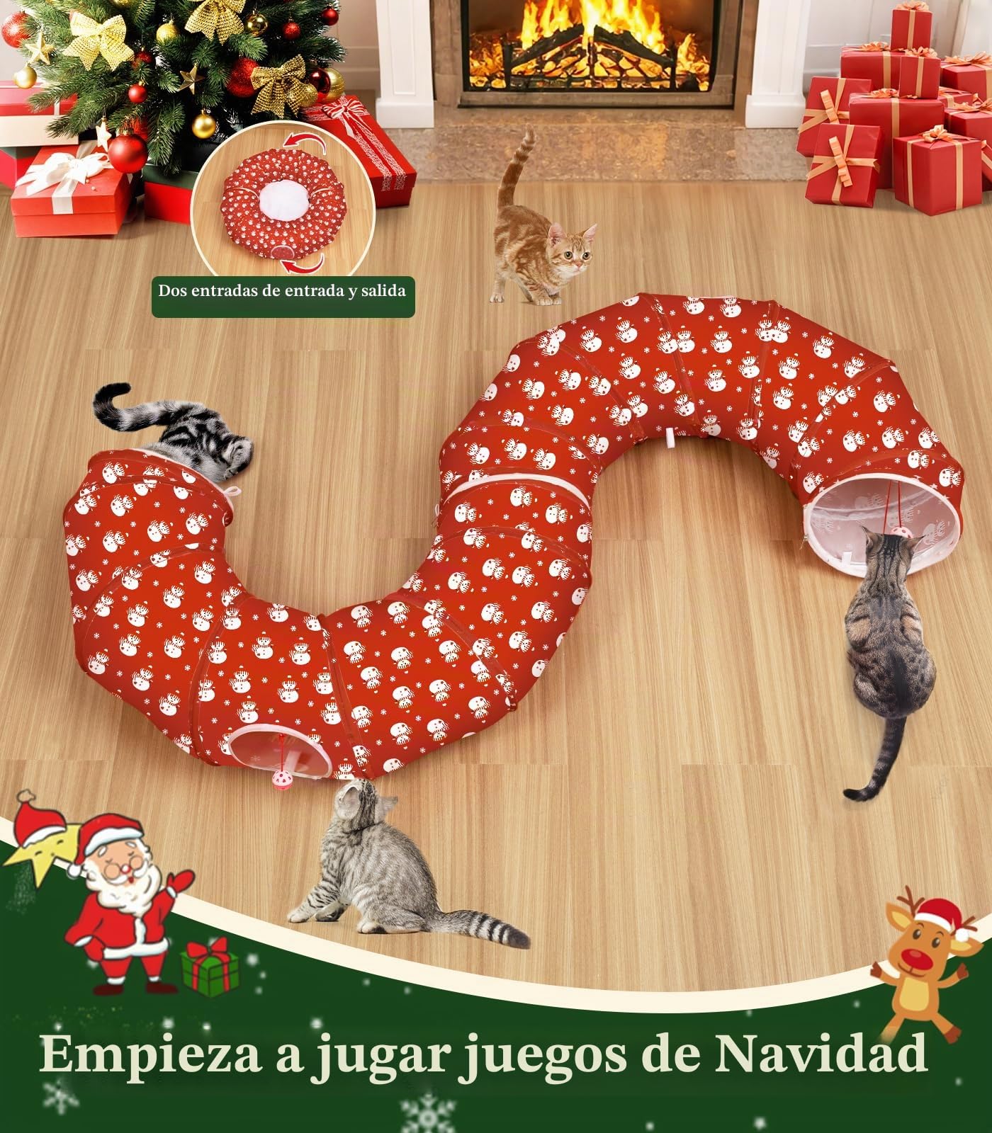 Pawaboo Túnel para Gatos Navidad, Túnel Plegable con Cama para Gatos de Diámetro 90cm con Juguete de Bola de Peluche, Túnels Redondo Plegable para Gatoss Mascotas Pequeñas, Rojo+Muñeco de Nieve