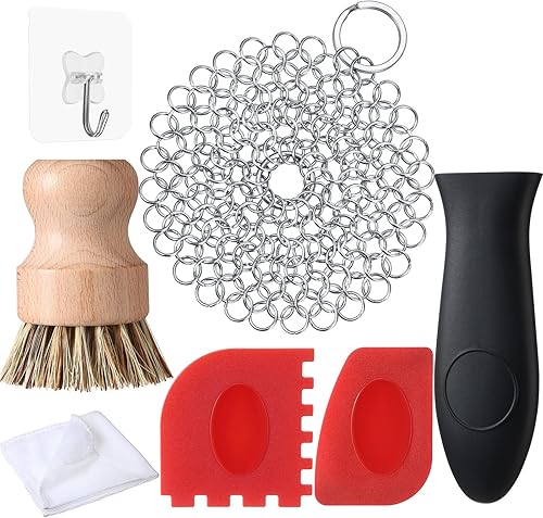 Miniatura 7 de El juego de 7 piezas de limpiador de hierro fundido incluye limpiador de malla de acero inoxidable con cepillo de bambú para platos con mango