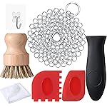 Patelai 7 Pieces Cast Iron Cleaner Set Include Stainless Steel Chainmail Scrubber with Bamboo Dish Scrub Brush Hot Handle Holder 2 Pan Grill Scrapers Kitchen Towel Wall Hook (Classic Color)