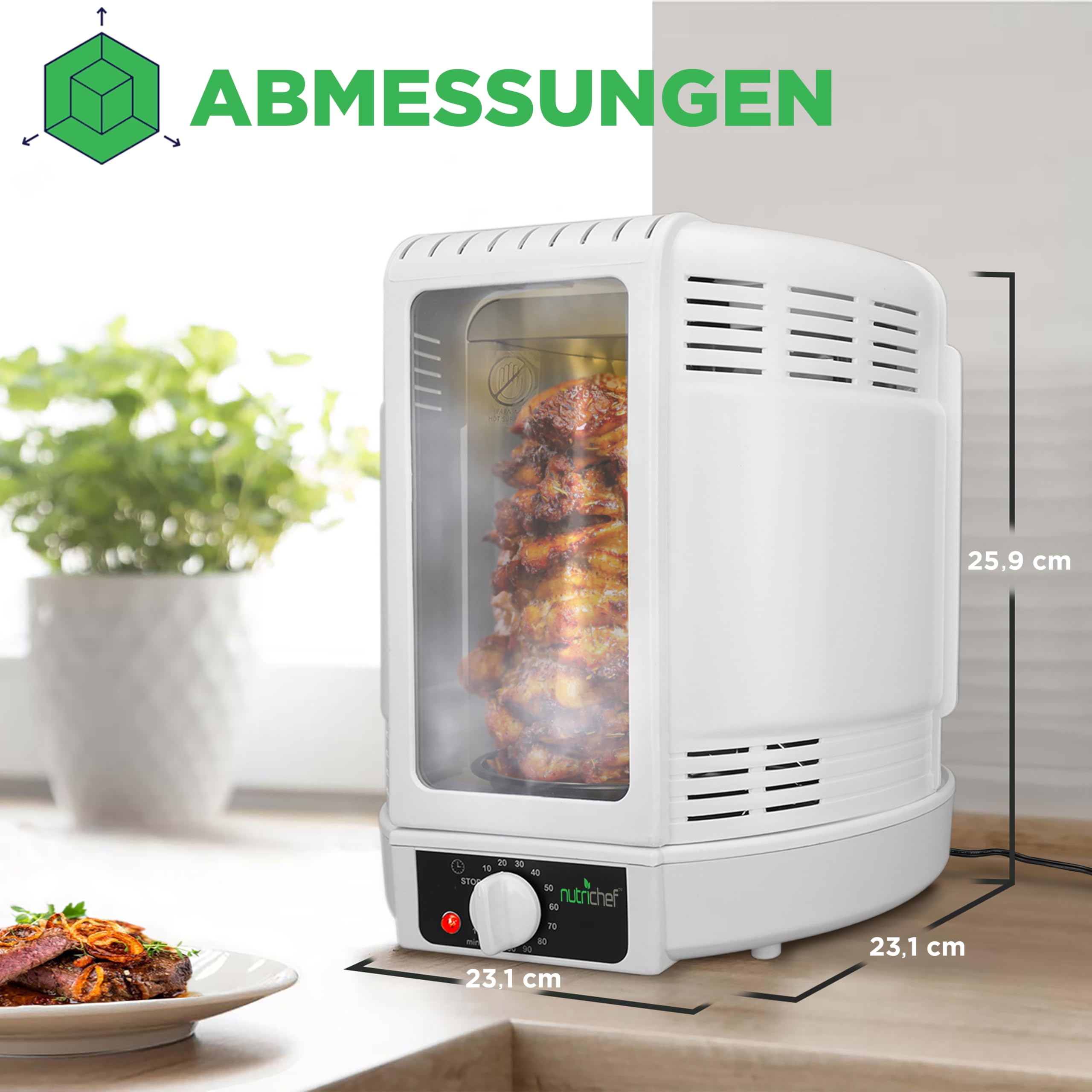 NutriChef Hähnchengrill mit Drehspieß – Weiß 700W Mini-Backofen Vertikal Elektrogrill Heißluft-Rotisserie für Hähnchen, Döner, Fleisch - Kompakt & Fettarm Inkl. Zubehör und Auffangschale