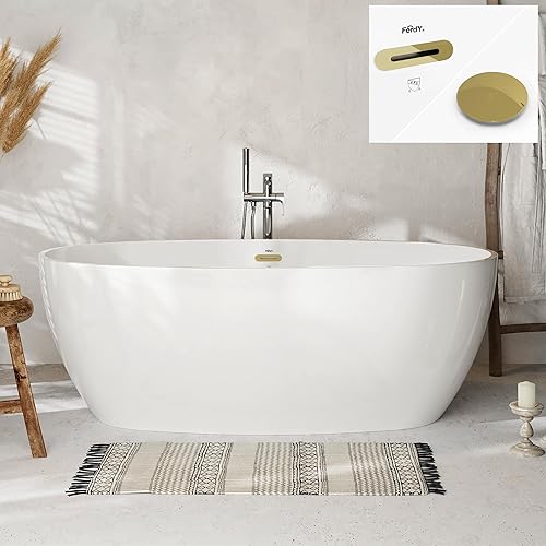 Miniatura 96 de FerdY Bali - Bañera de acrílico independiente, bañera de inmersión independiente con forma graciosa, certificado CUPC blanco brillante, drenaje