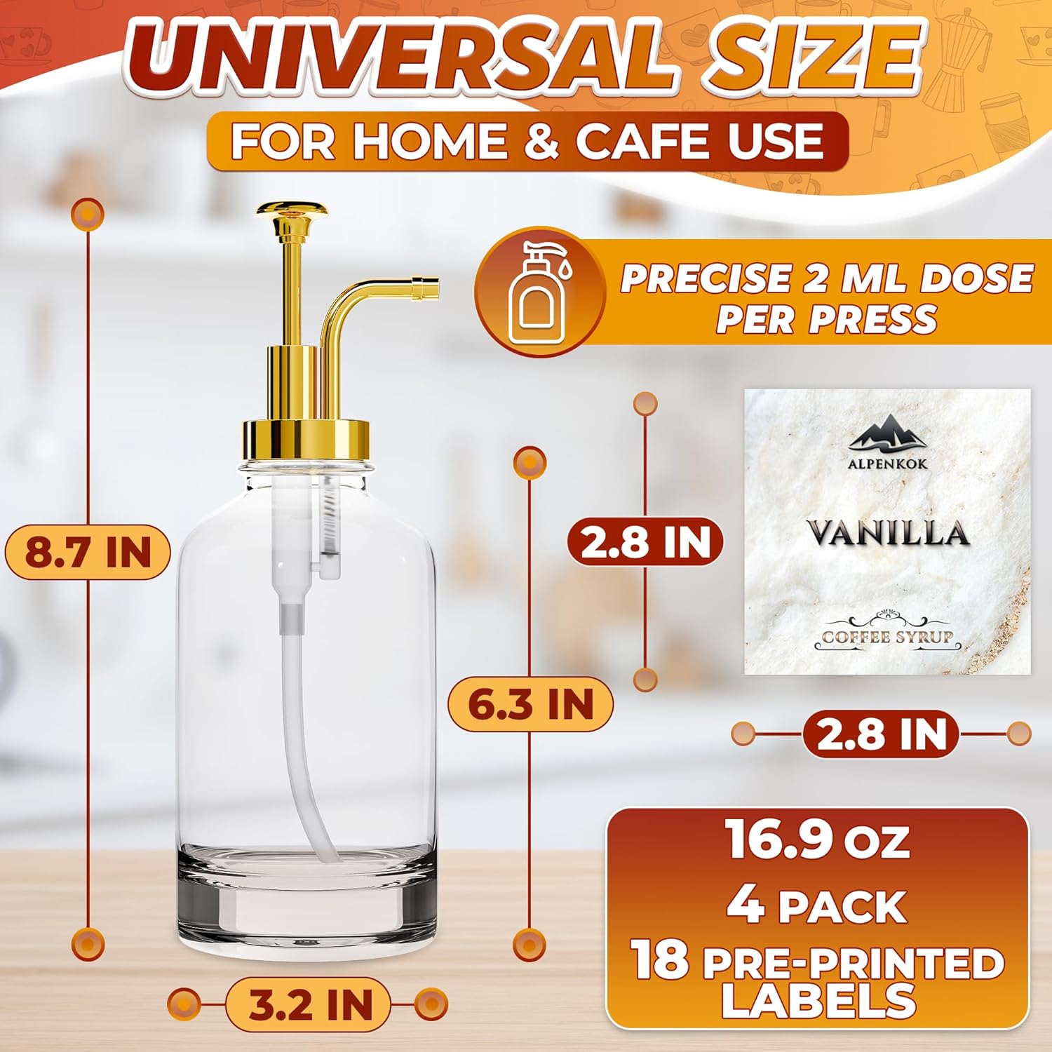set of 4 coffee syrup bottles 16.9oz 500 ml – coffee syrup glass dispenser with 18 marked labels, leak-proof, easy cleaning – coffee station accessories for home bar | event ready (golden pumps) 4 pack syrup dispenser set – gold