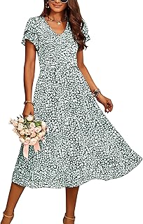 Women Casual Summer Short Ruffles Tiered Sleeve Smocked Midi Dresses Bohemian Floral V Neck Wedding Guest Long Dresses - Buy now